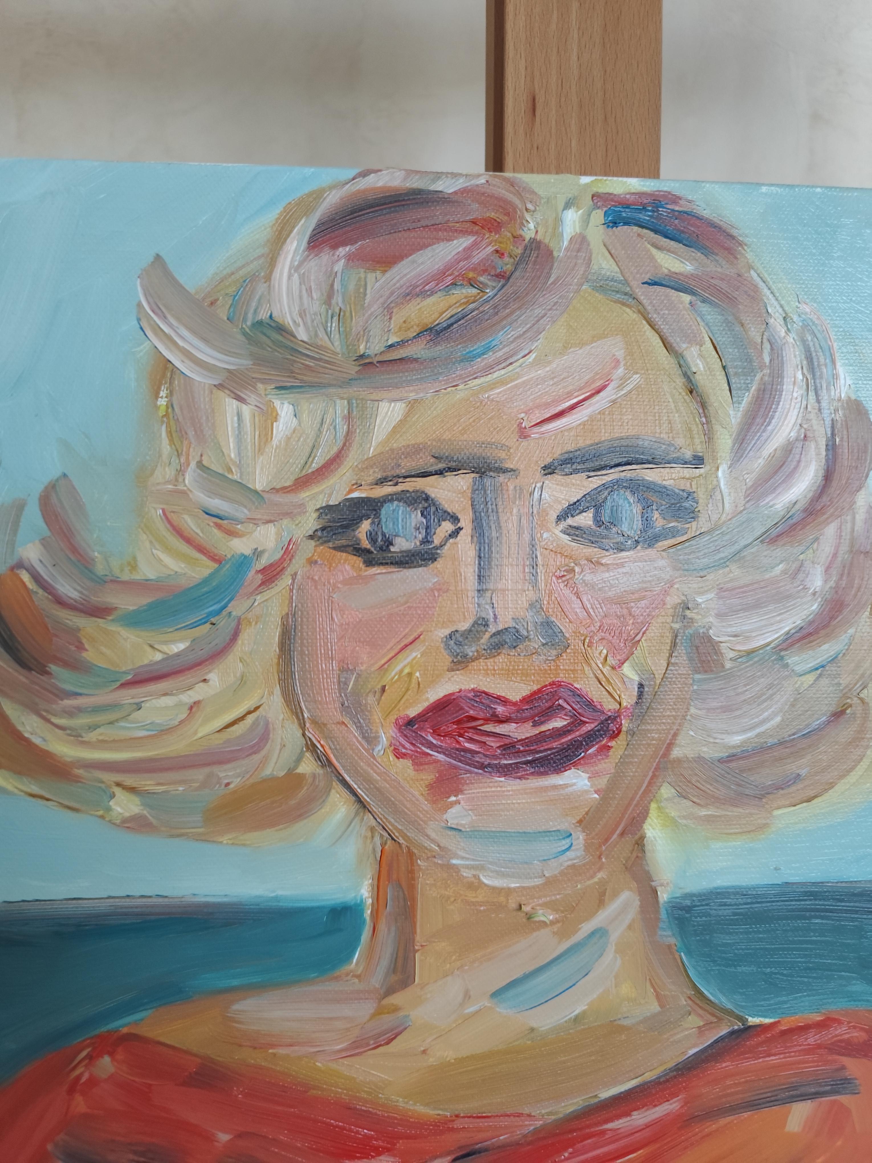 Retrato figurativo contemporáneo al óleo  de una mujer rubia sobre lienzo en venta 7