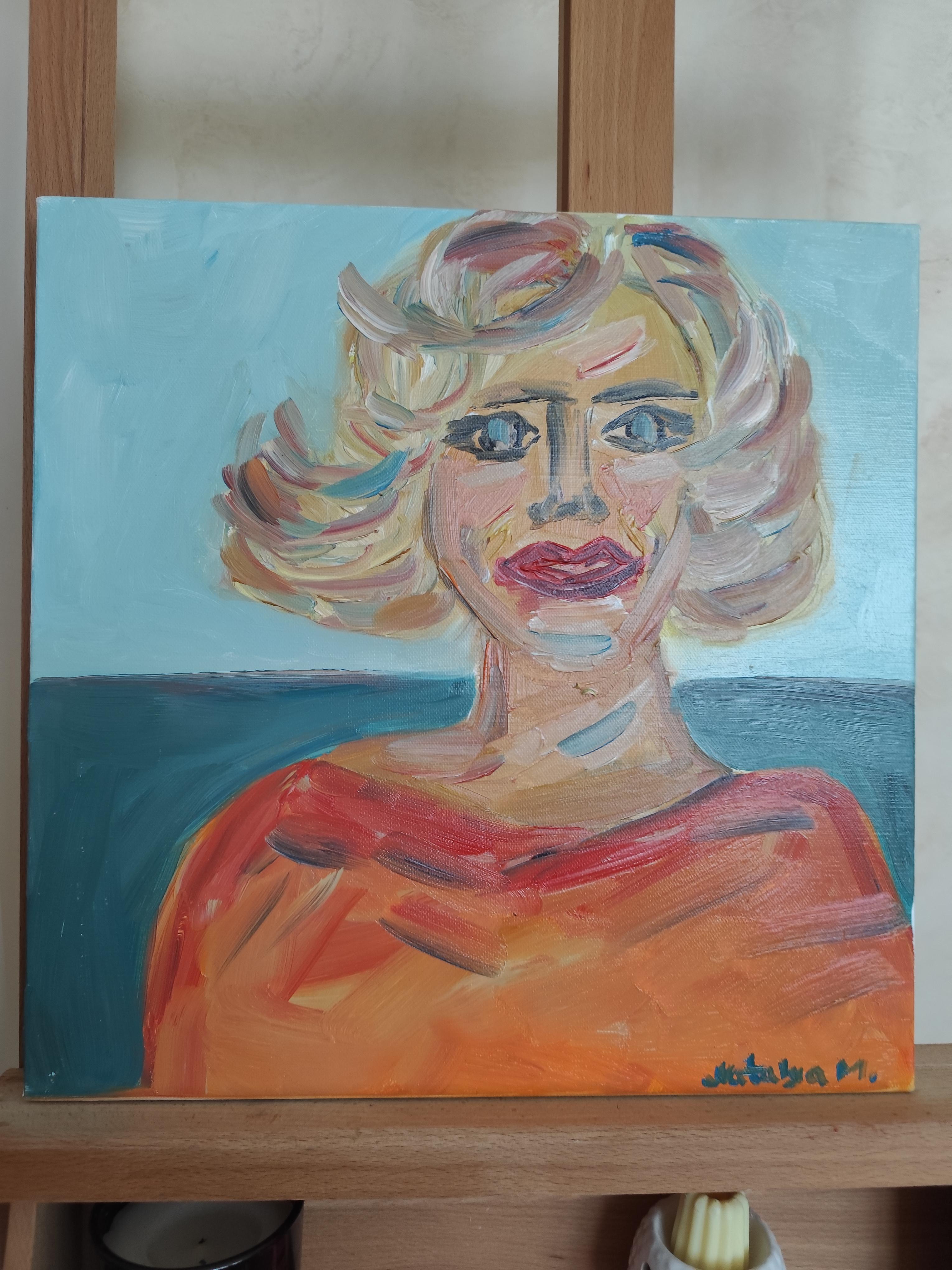 Retrato figurativo contemporáneo al óleo  de una mujer rubia sobre lienzo en venta 8