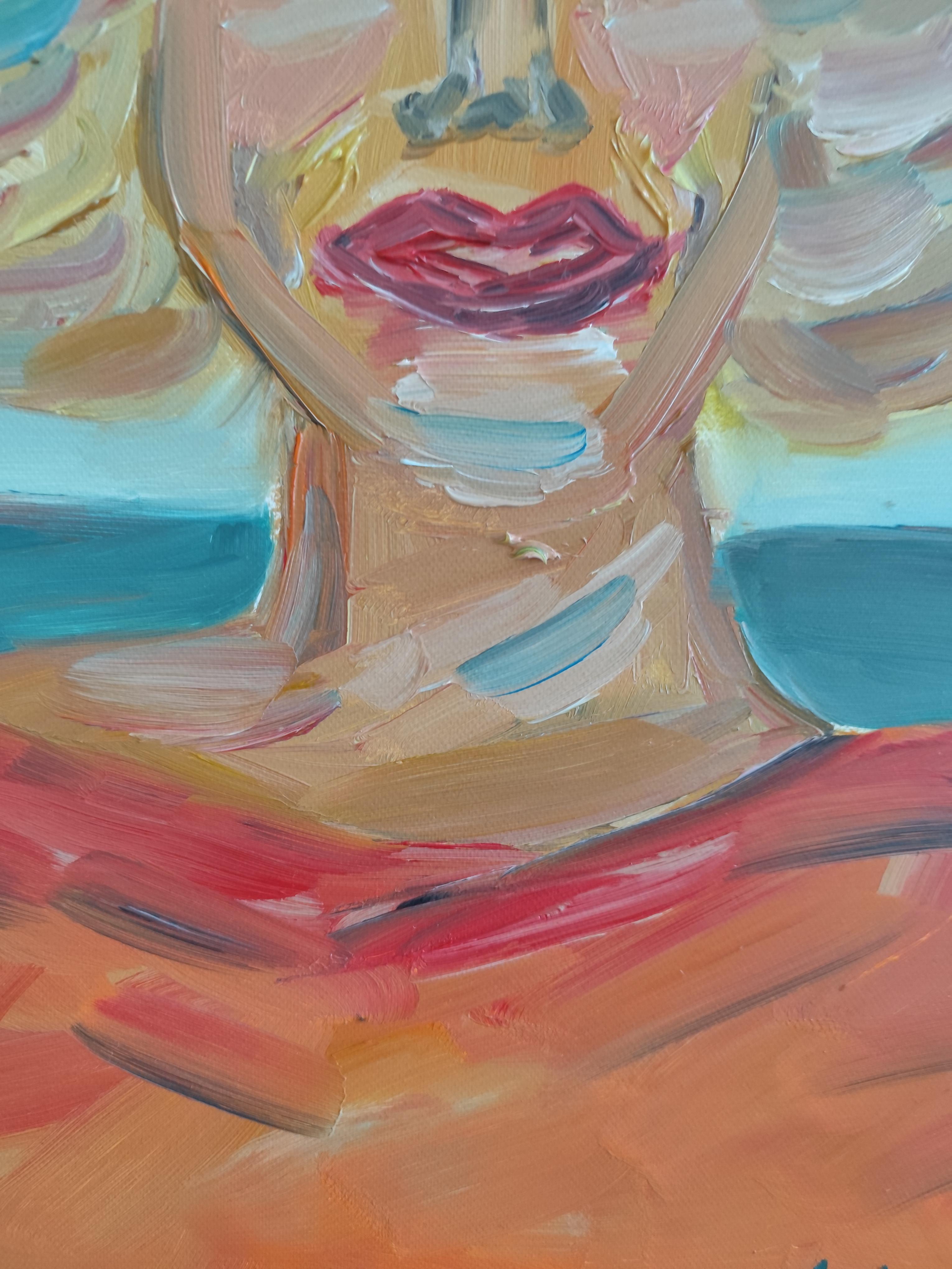 Retrato figurativo contemporáneo al óleo  de una mujer rubia sobre lienzo en venta 12