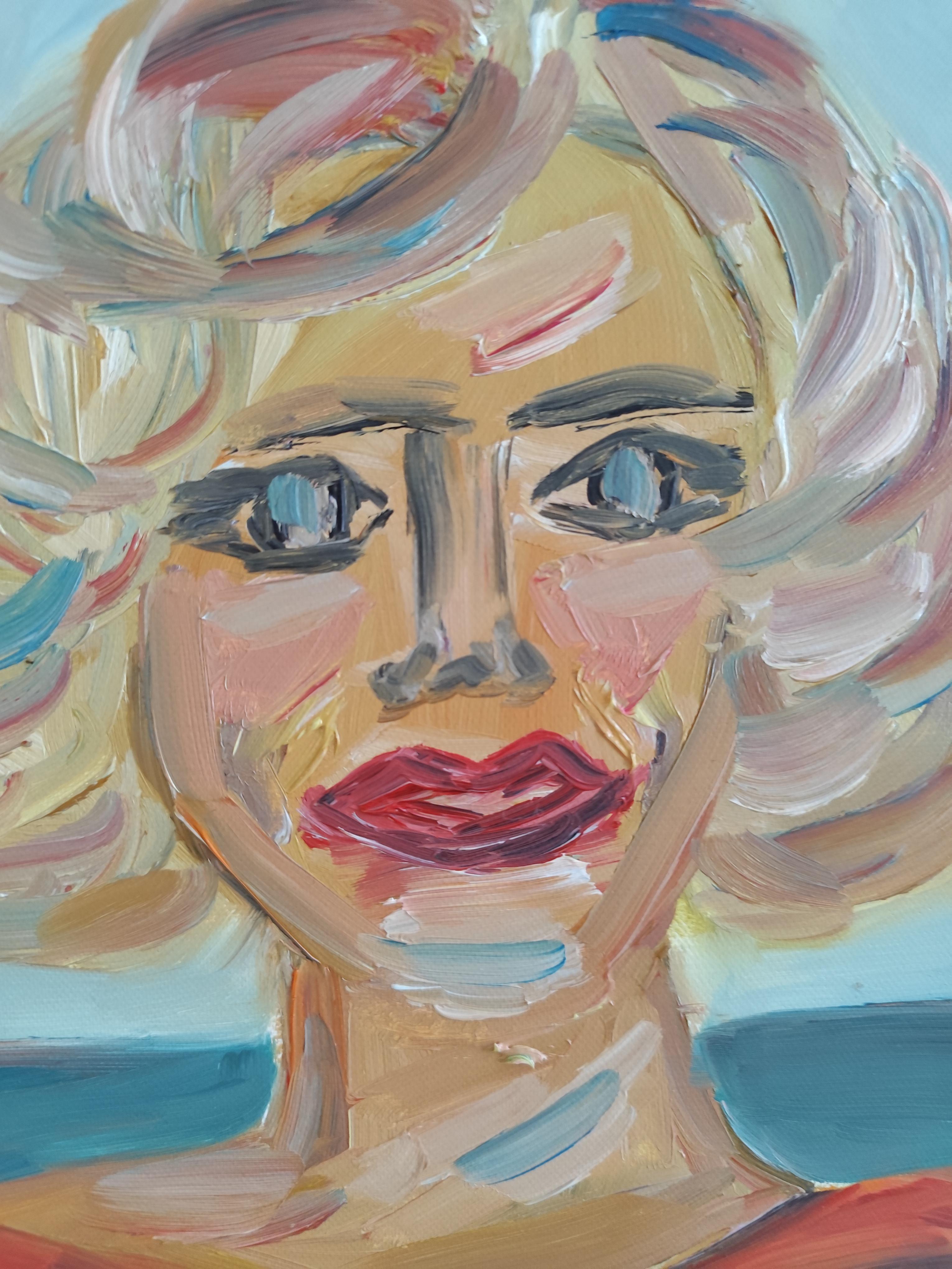 Retrato figurativo contemporáneo al óleo  de una mujer rubia sobre lienzo en venta 13