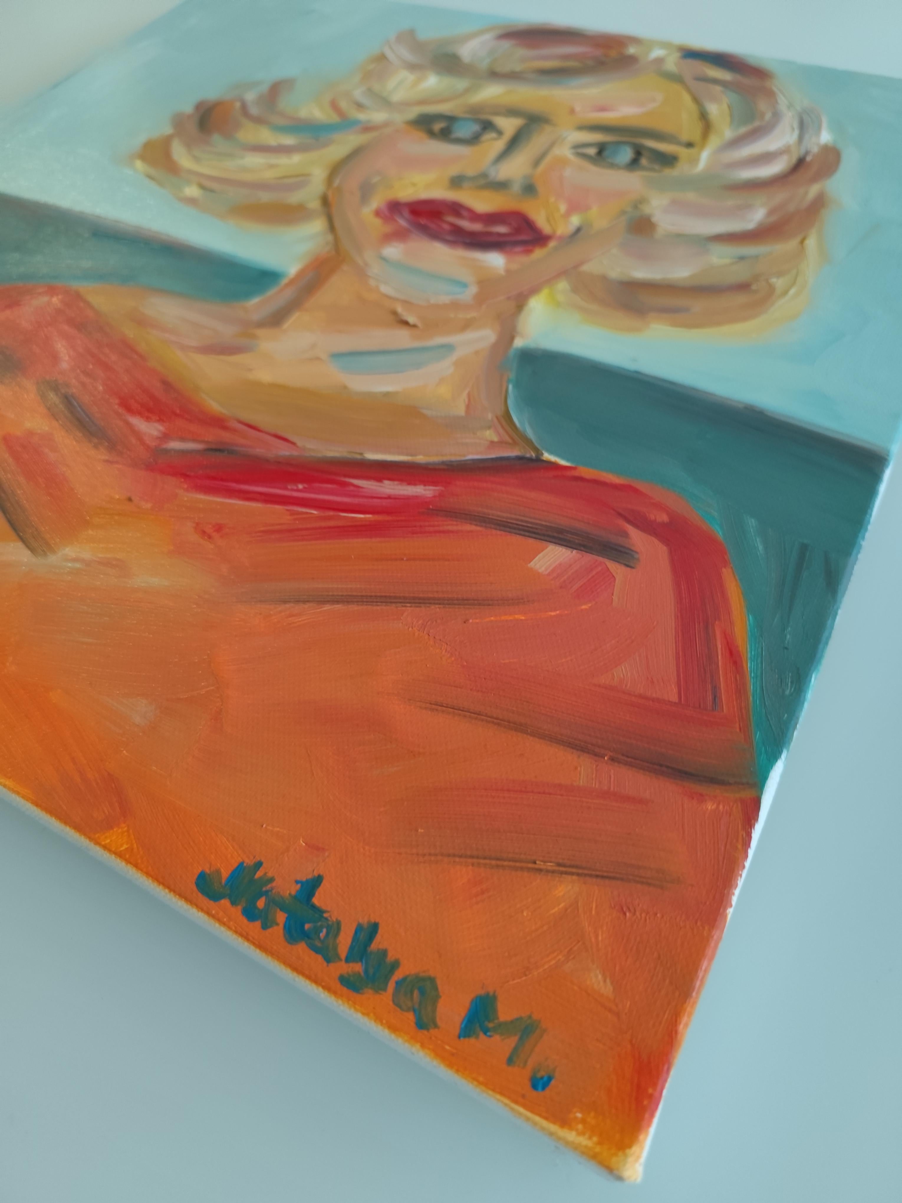 Retrato figurativo contemporáneo al óleo  de una mujer rubia sobre lienzo en venta 14