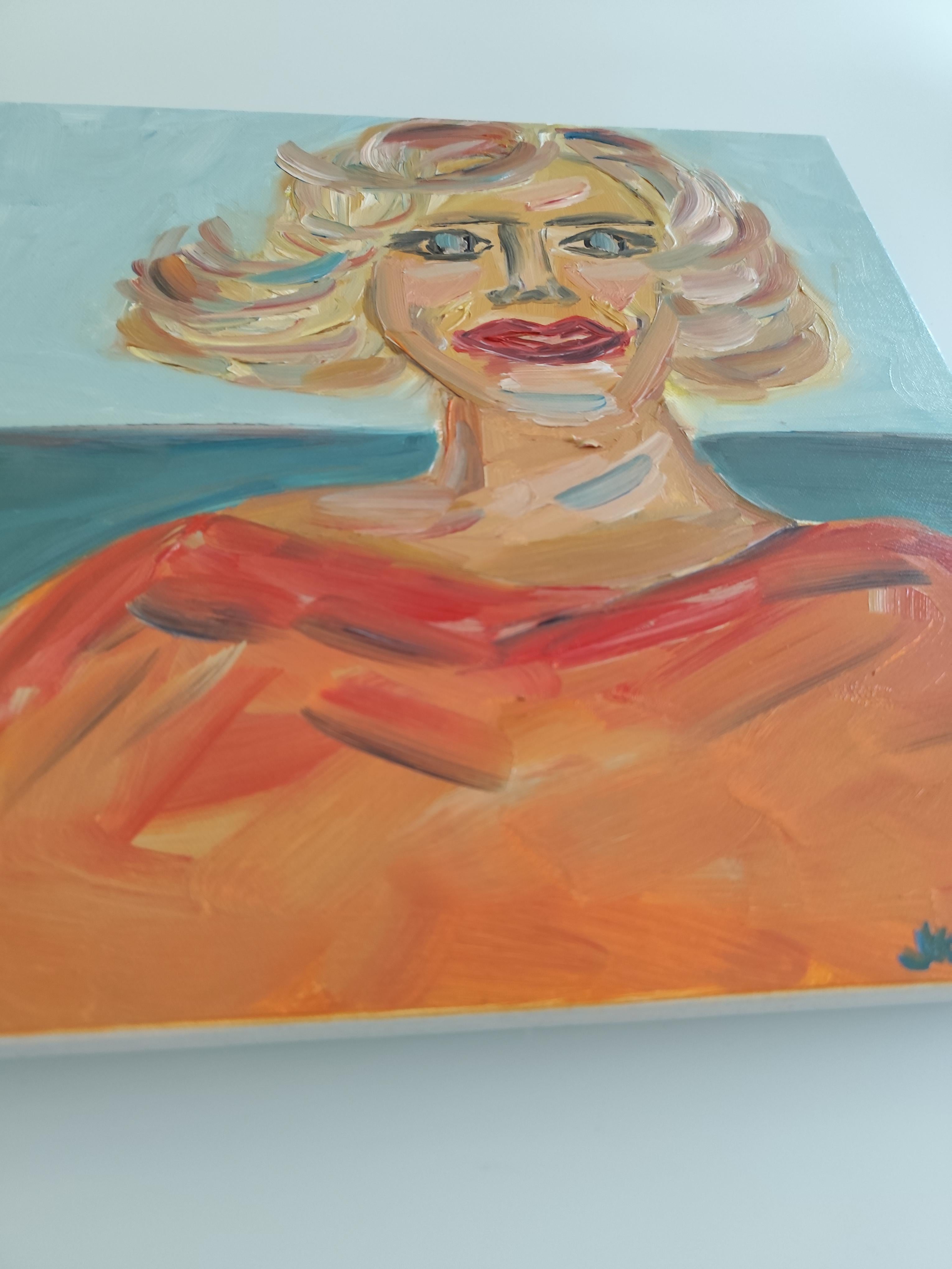 Retrato figurativo contemporáneo al óleo  de una mujer rubia sobre lienzo en venta 15
