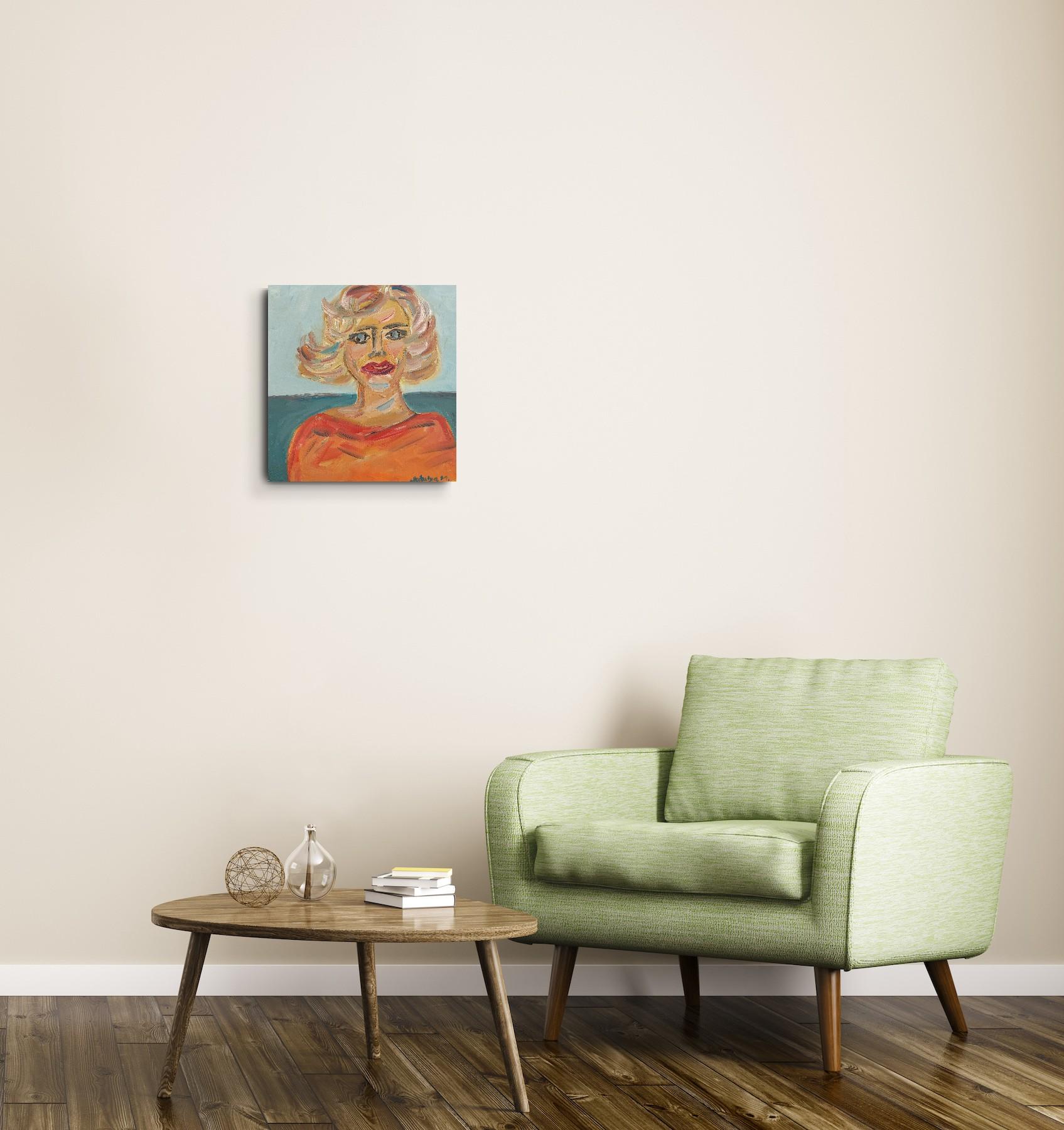 Retrato figurativo contemporáneo al óleo  de una mujer rubia sobre lienzo en venta 1