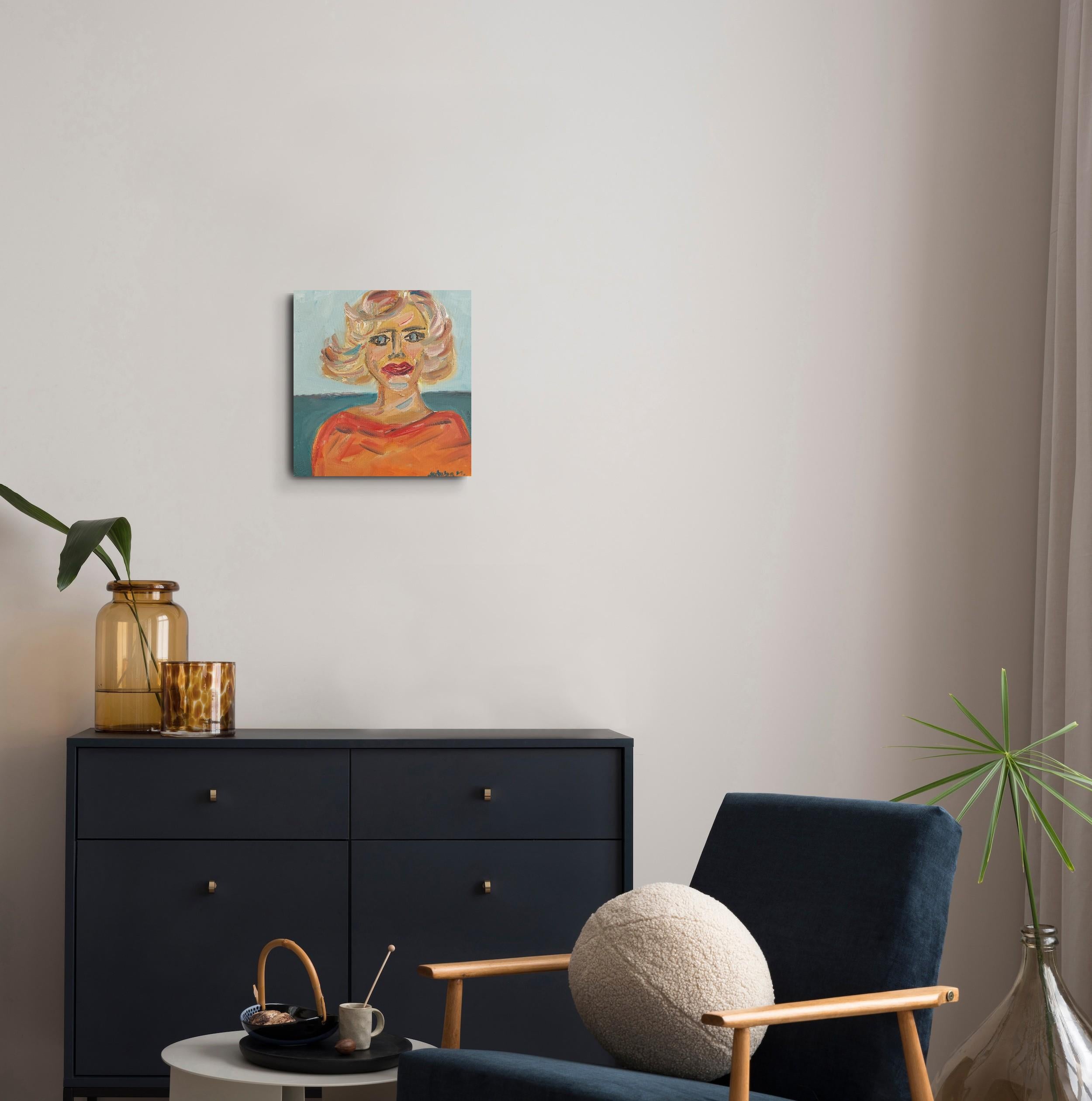 Retrato figurativo contemporáneo al óleo  de una mujer rubia sobre lienzo en venta 2