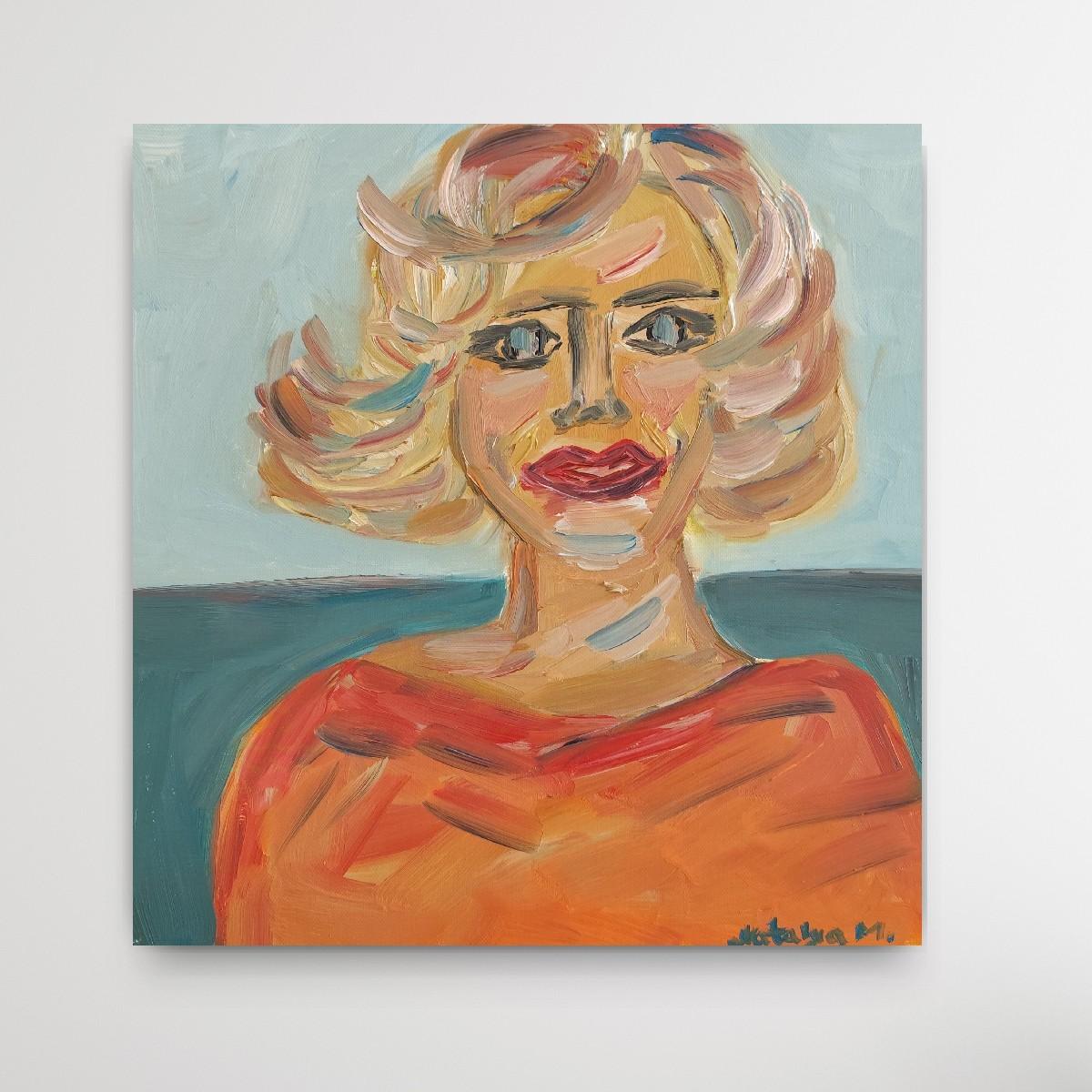 Retrato figurativo contemporáneo al óleo  de una mujer rubia sobre lienzo en venta 3