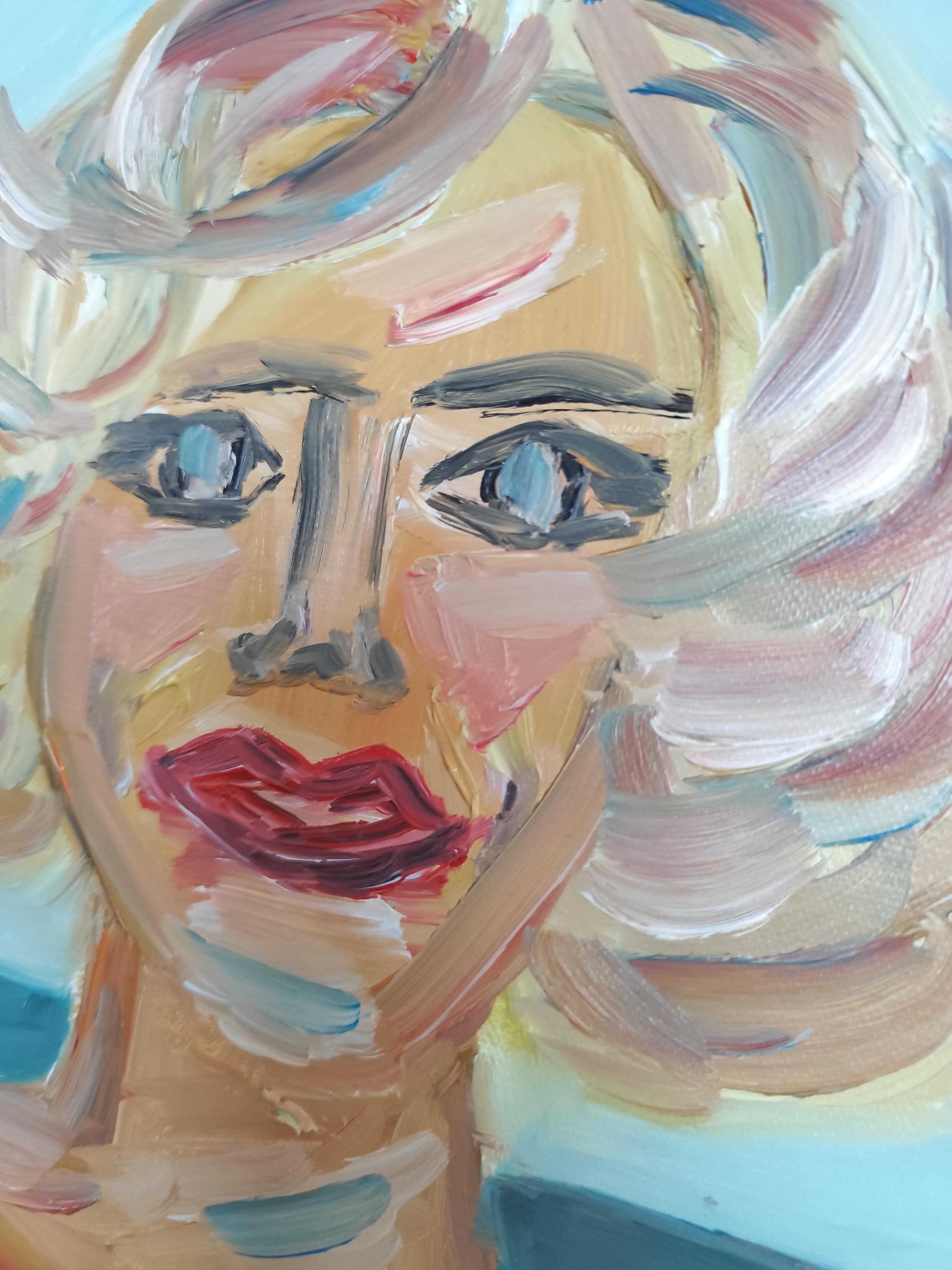 Retrato figurativo contemporáneo al óleo  de una mujer rubia sobre lienzo en venta 4