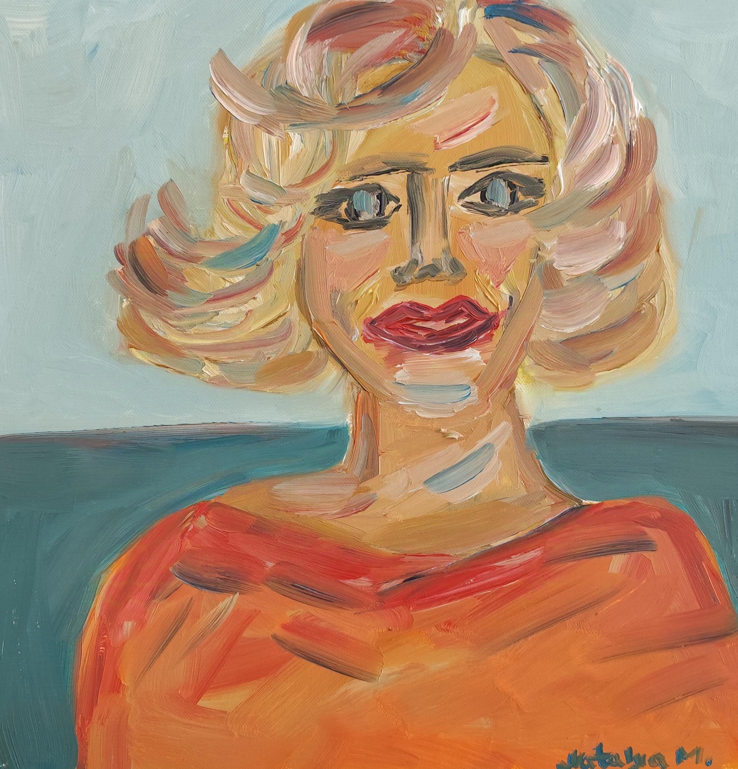 Figurative Painting de Mougenot Natalya - Retrato figurativo contemporáneo al óleo  de una mujer rubia sobre lienzo