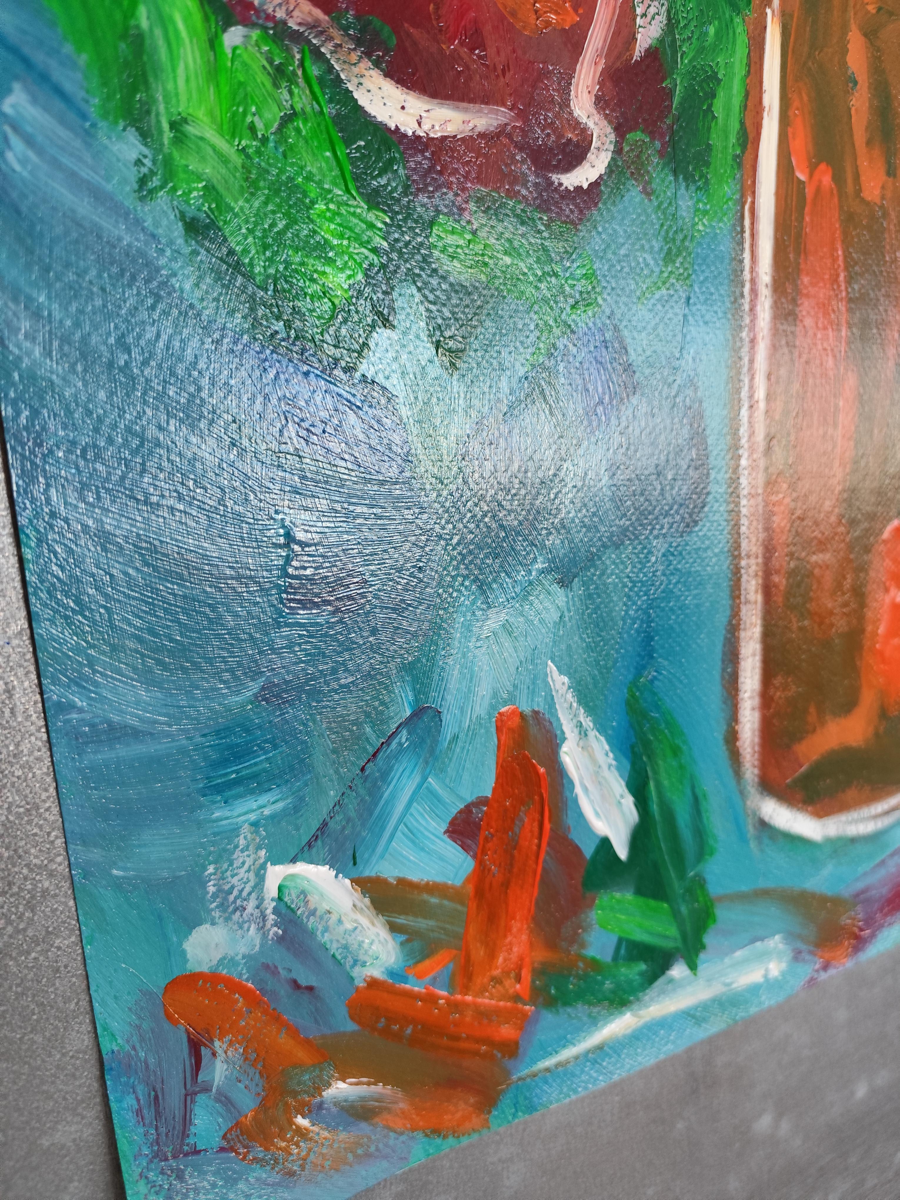 Impresionista pintura acrílica floral viva expresiva sobre papel 
