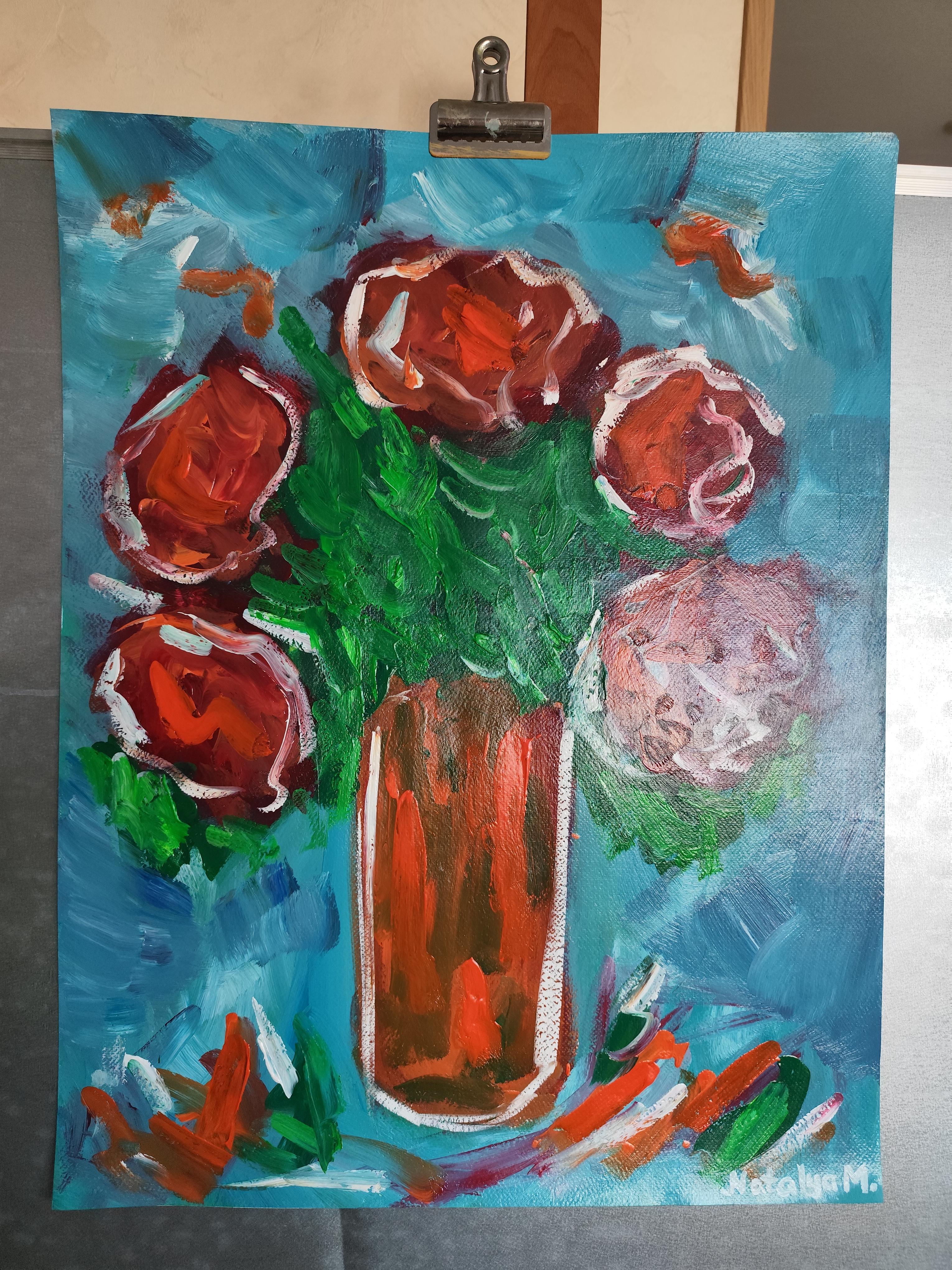 Impresionista pintura acrílica floral viva expresiva sobre papel 