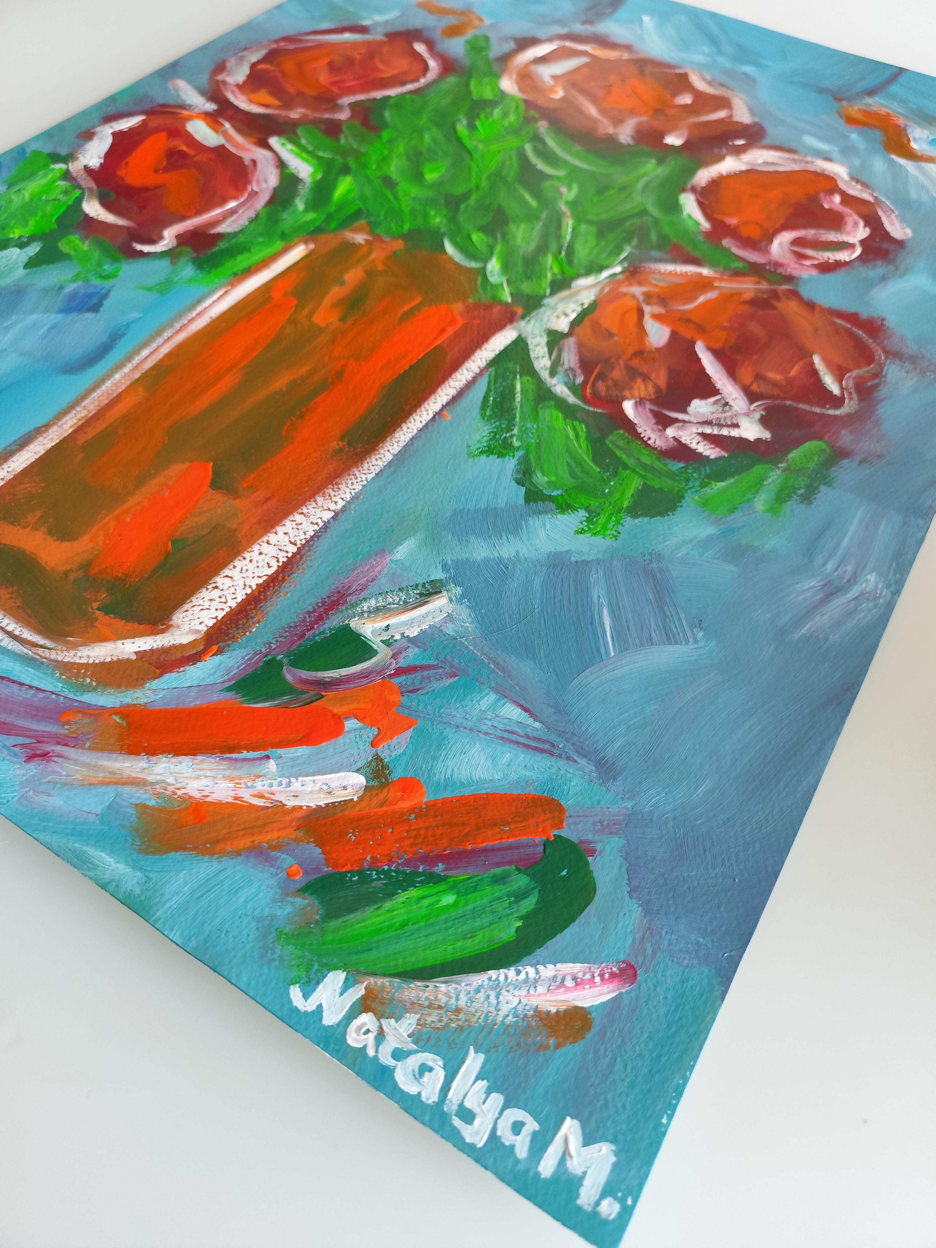 Impresionista pintura acrílica floral viva expresiva sobre papel 