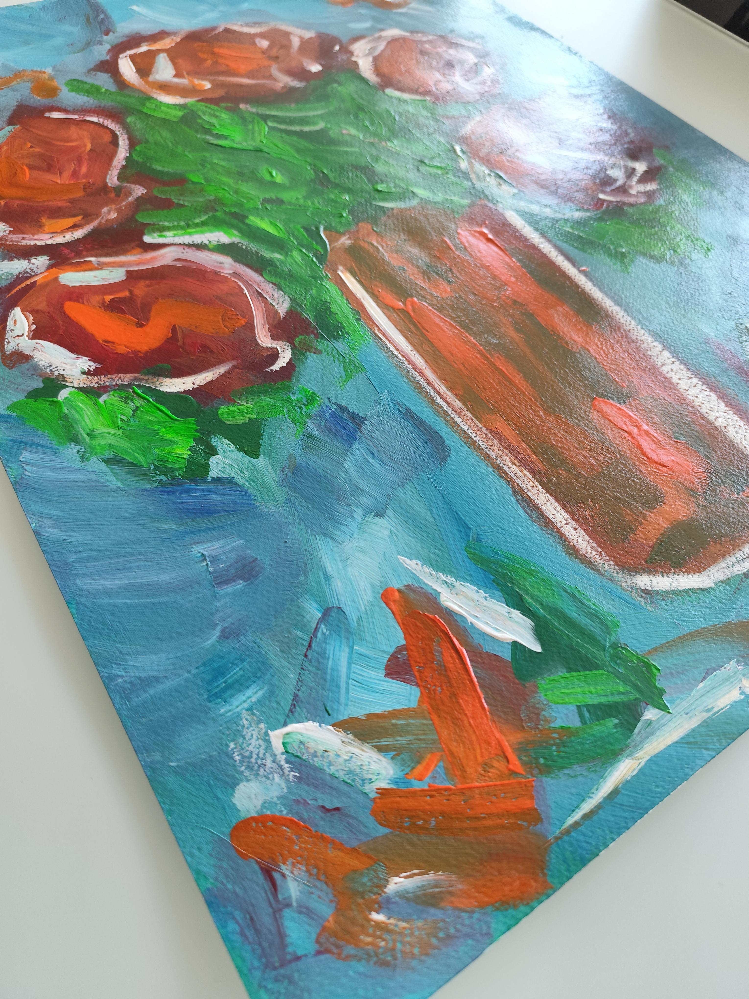 Impresionista pintura acrílica floral viva expresiva sobre papel 