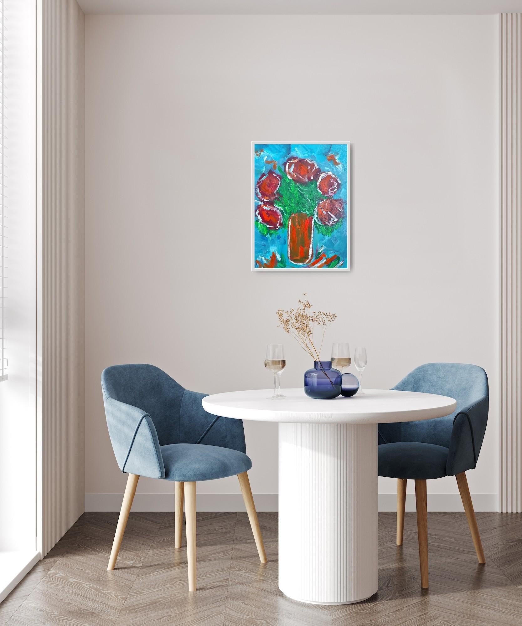 Este cuadro contemporáneo, vivo y expresivo, con un toque de impresionismo, Rosas rojas, fue creado por la artista francesa Natalya Mougenot. La obra capta inmediatamente la atención del espectador por su atrevido uso del color y sus formas