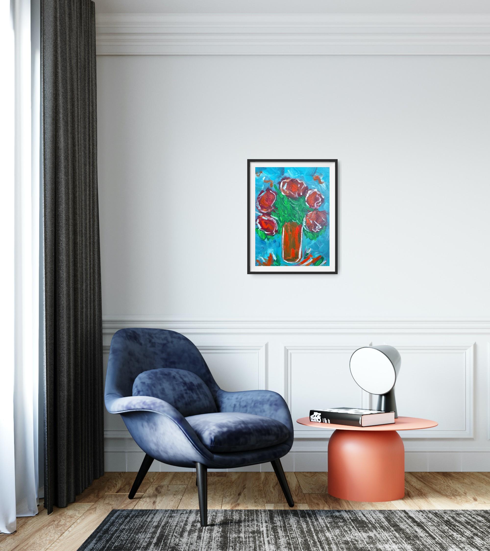 Impresionista pintura acrílica floral viva expresiva sobre papel 