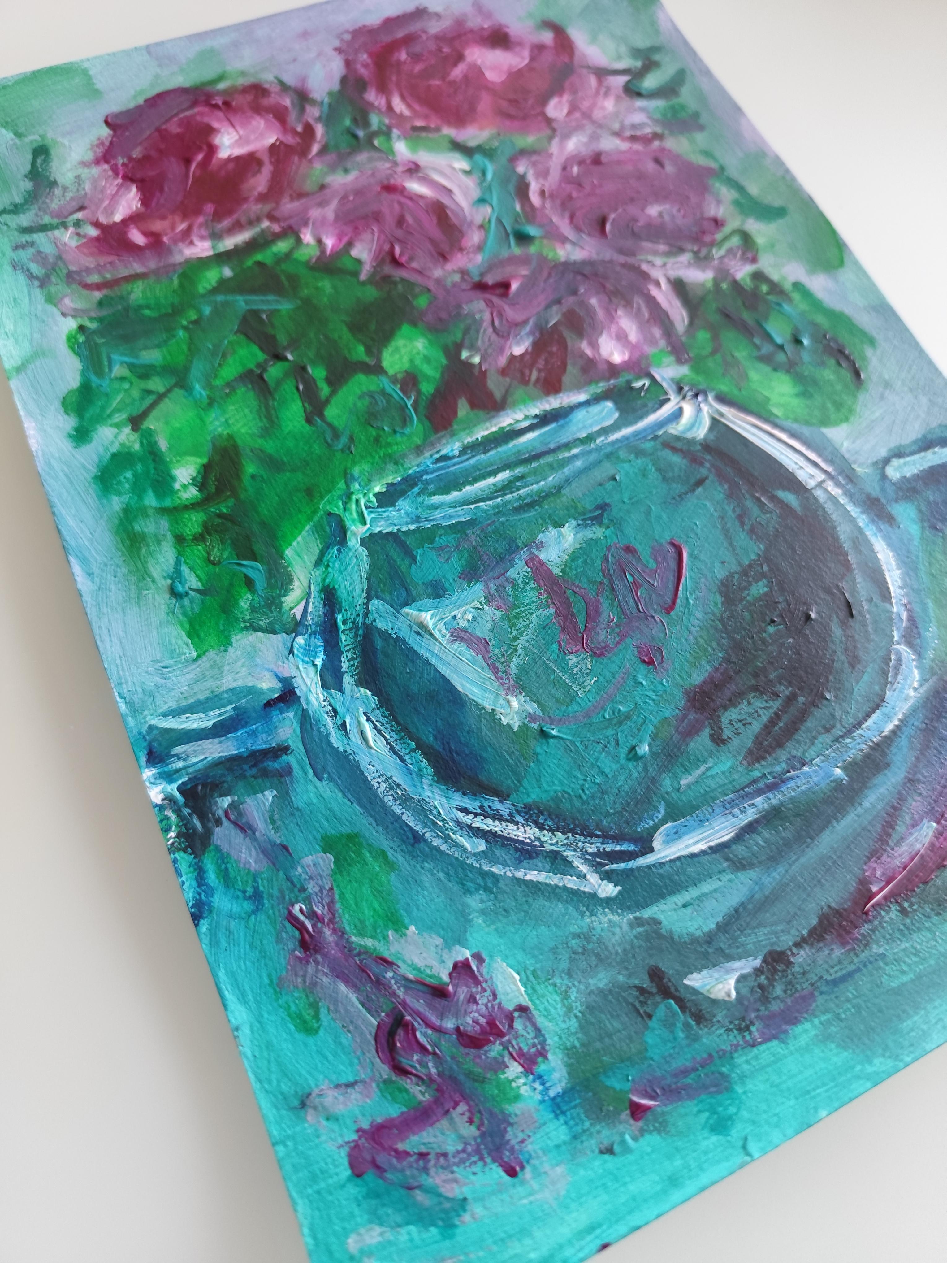 „Rosen in einer türkisgrünen Vase“ (Acryl-Blumengemälde auf Papier) im Angebot 6
