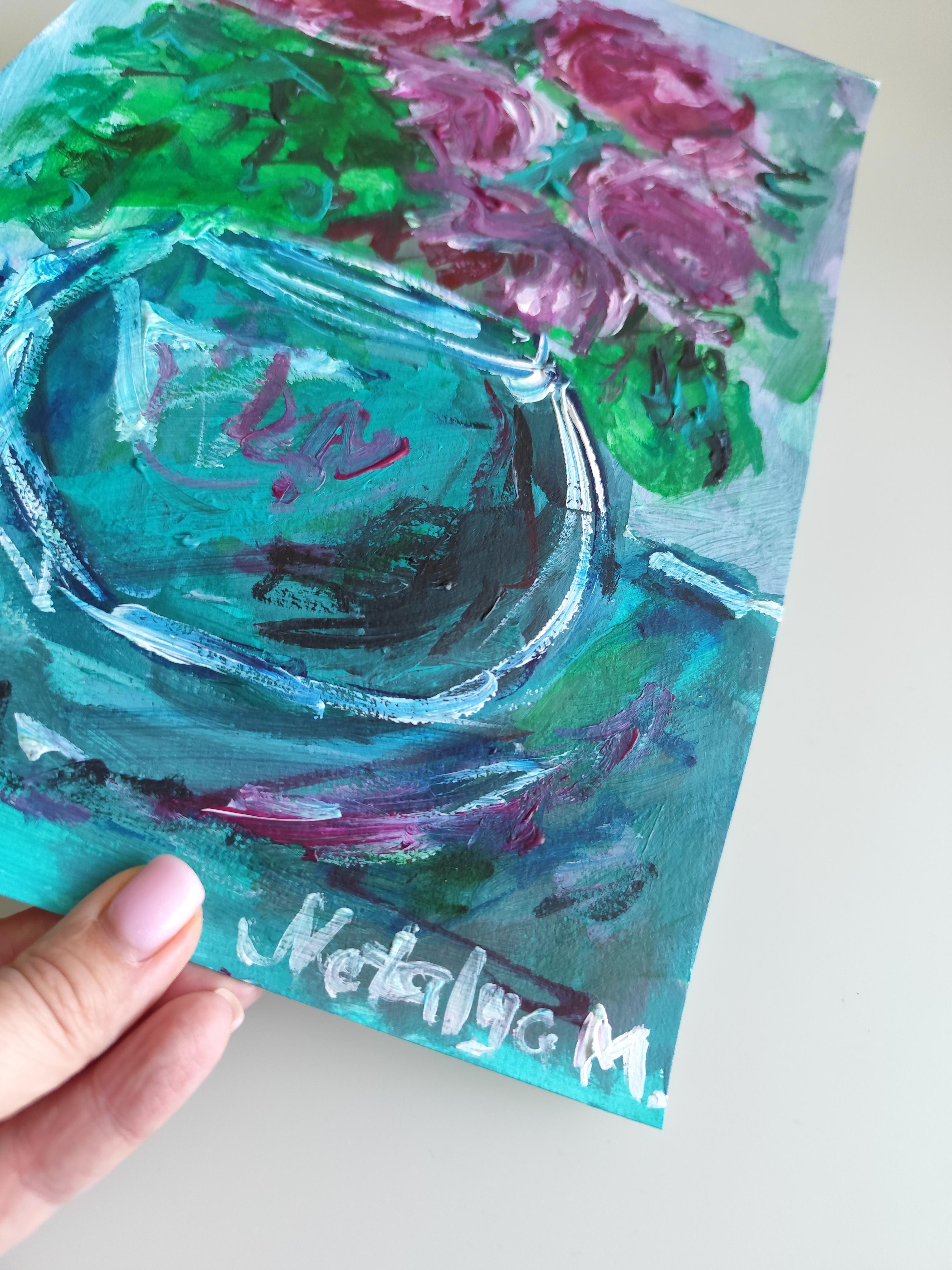 „Rosen in einer türkisgrünen Vase“ (Acryl-Blumengemälde auf Papier) im Angebot 7