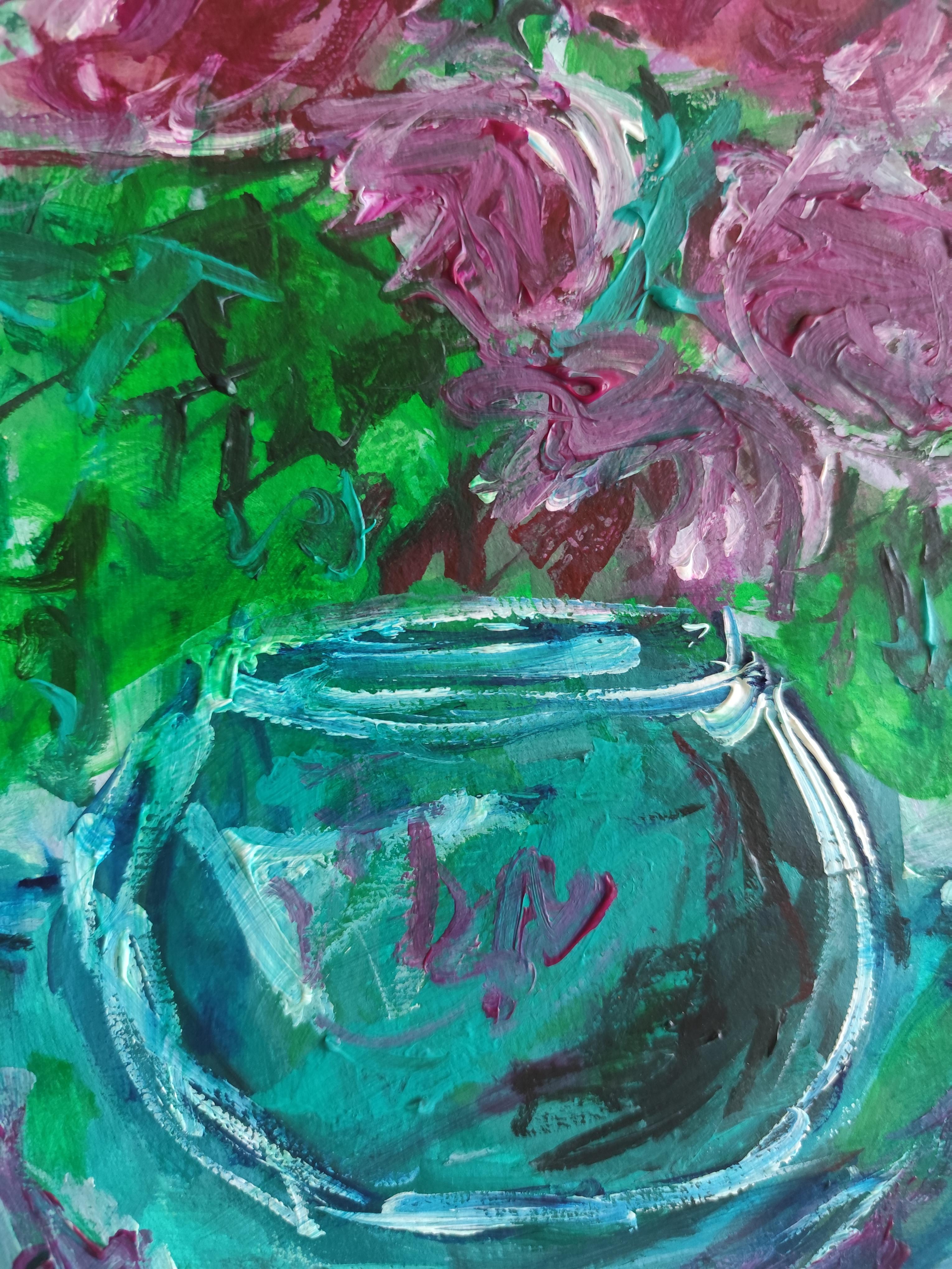 „Rosen in einer türkisgrünen Vase“ (Acryl-Blumengemälde auf Papier) im Angebot 8