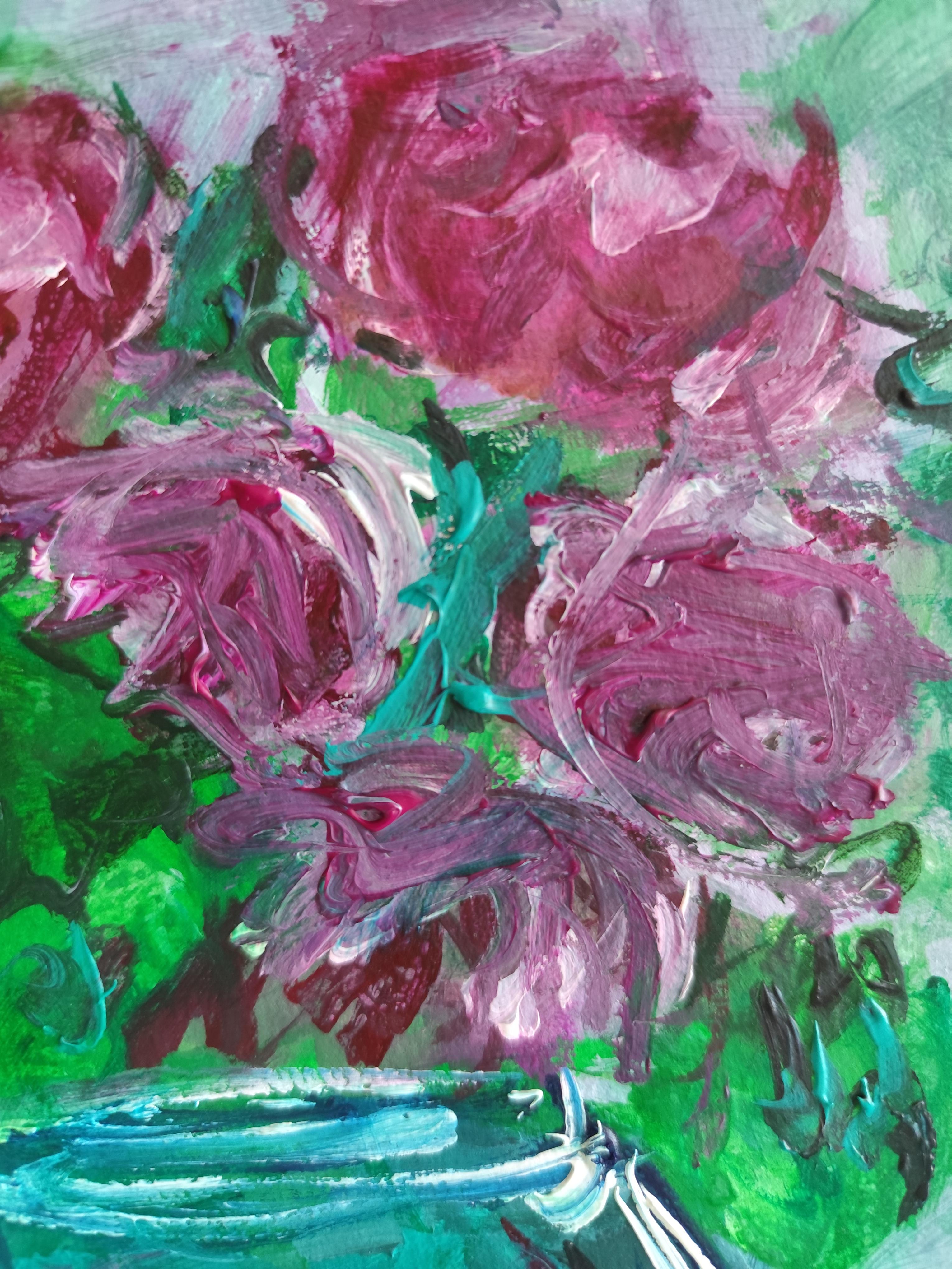 „Rosen in einer türkisgrünen Vase“ (Acryl-Blumengemälde auf Papier) im Angebot 9