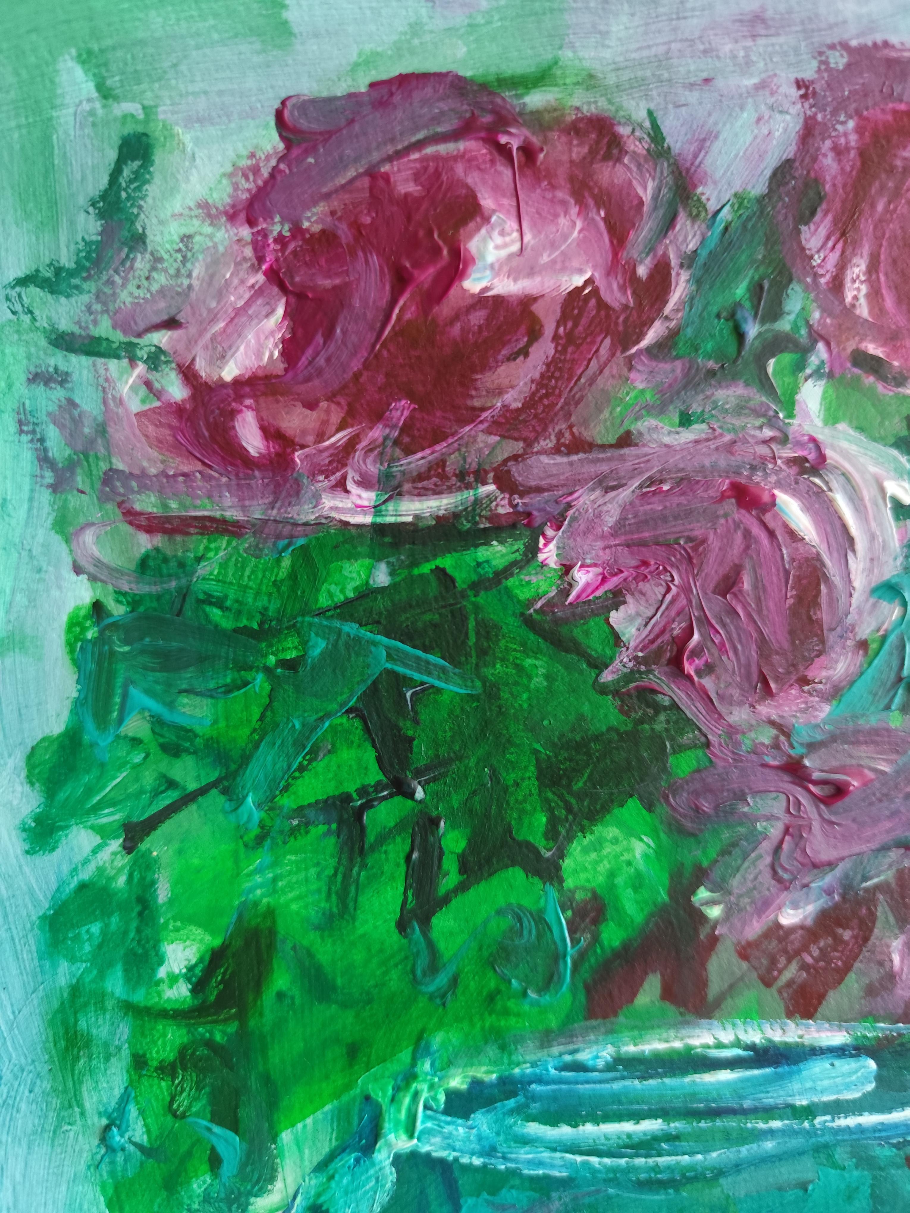 „Rosen in einer türkisgrünen Vase“ (Acryl-Blumengemälde auf Papier) im Angebot 10