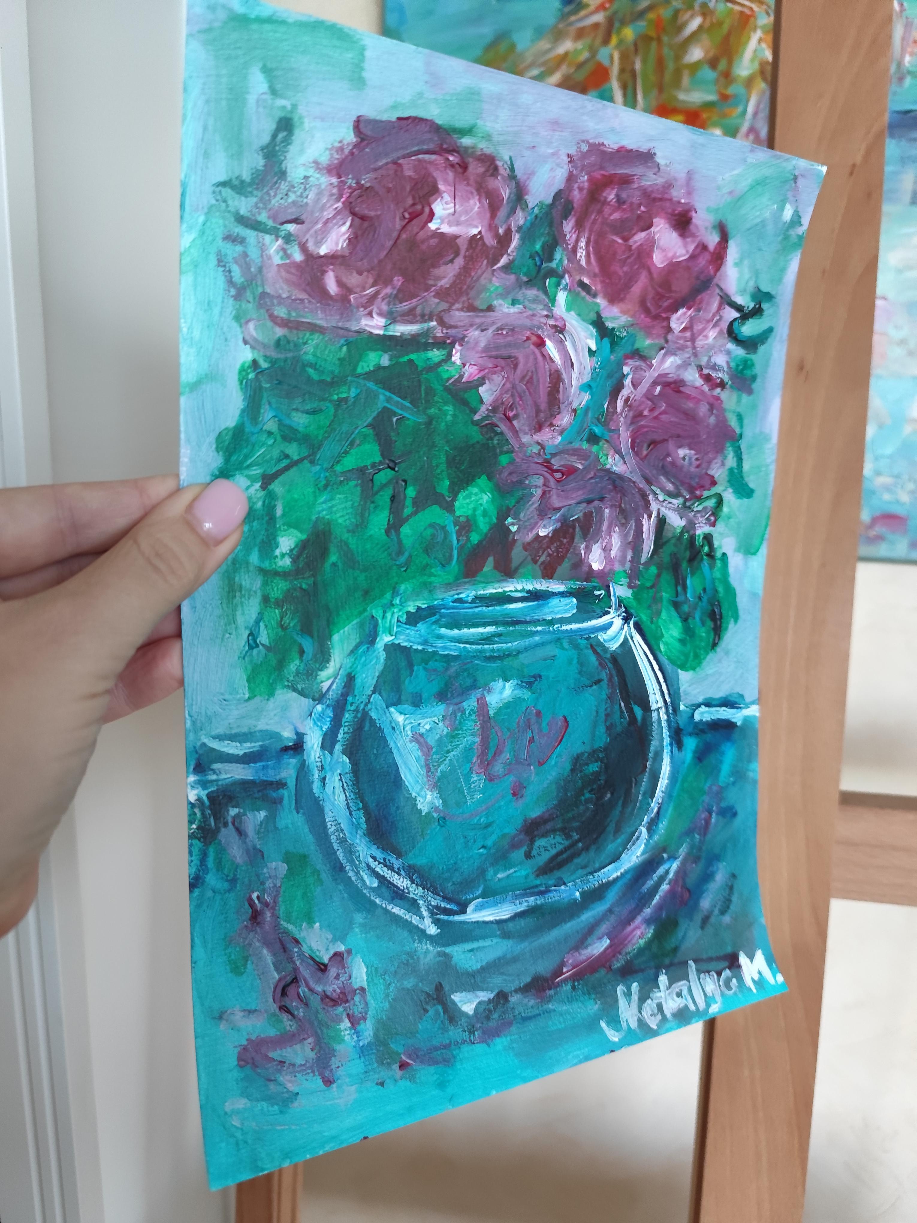„Rosen in einer türkisgrünen Vase“ (Acryl-Blumengemälde auf Papier) im Angebot 14