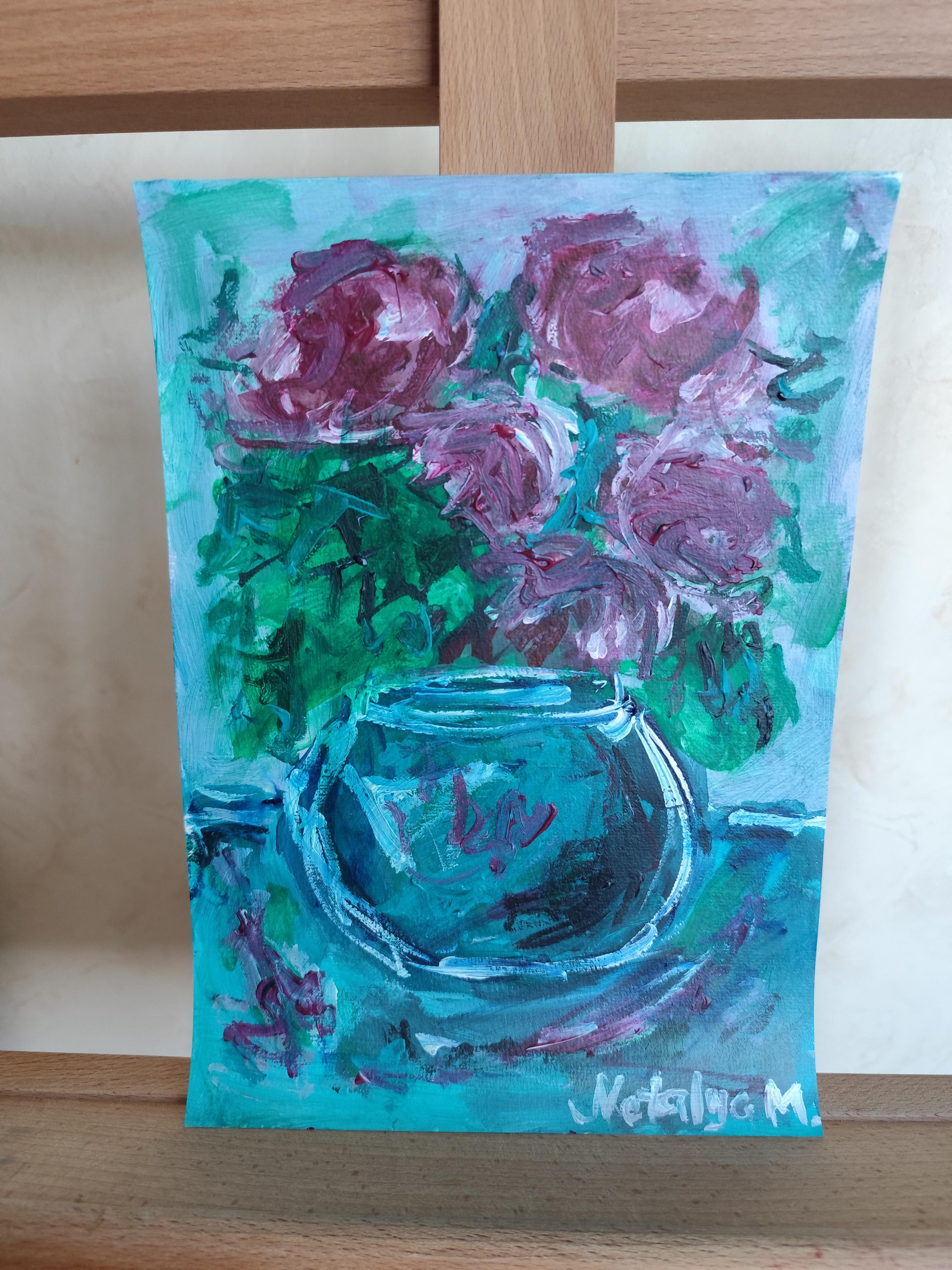 „Rosen in einer türkisgrünen Vase“ (Acryl-Blumengemälde auf Papier) im Angebot 15