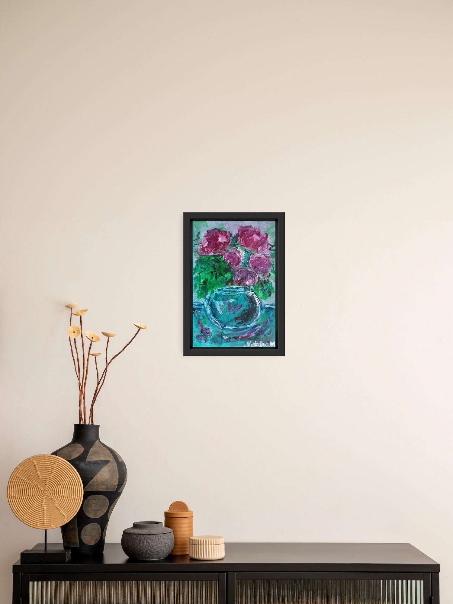 „Rosen in einer türkisgrünen Vase“ (Acryl-Blumengemälde auf Papier) (Grün), Still-Life Painting, von Mougenot Natalya