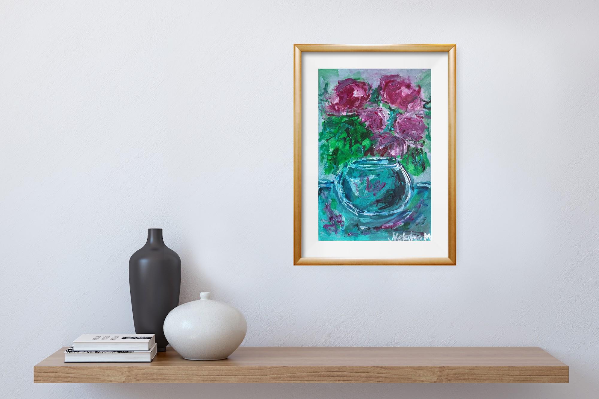 „Rosen in einer türkisgrünen Vase“ (Acryl-Blumengemälde auf Papier) im Angebot 3