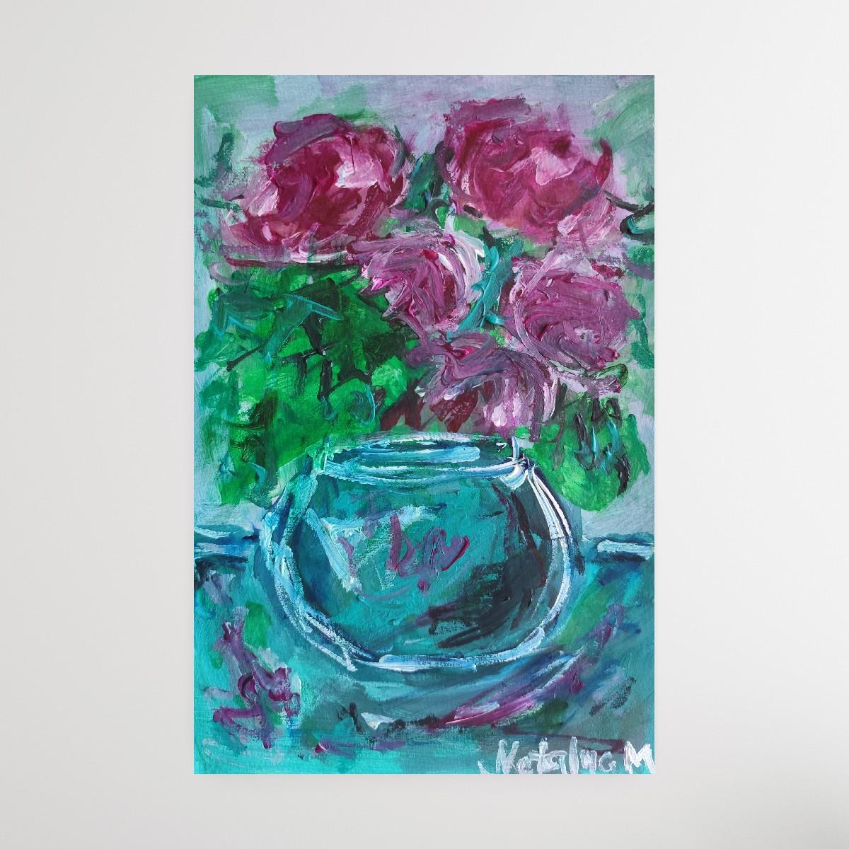 „Rosen in einer türkisgrünen Vase“ (Acryl-Blumengemälde auf Papier) im Angebot 4