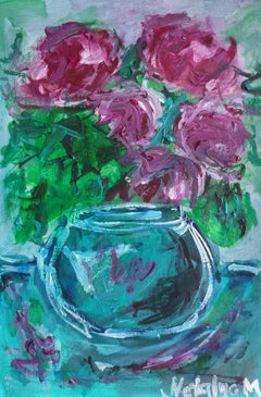 « Roses dans un vase vert turquoise » (peinture florale acrylique sur papier)