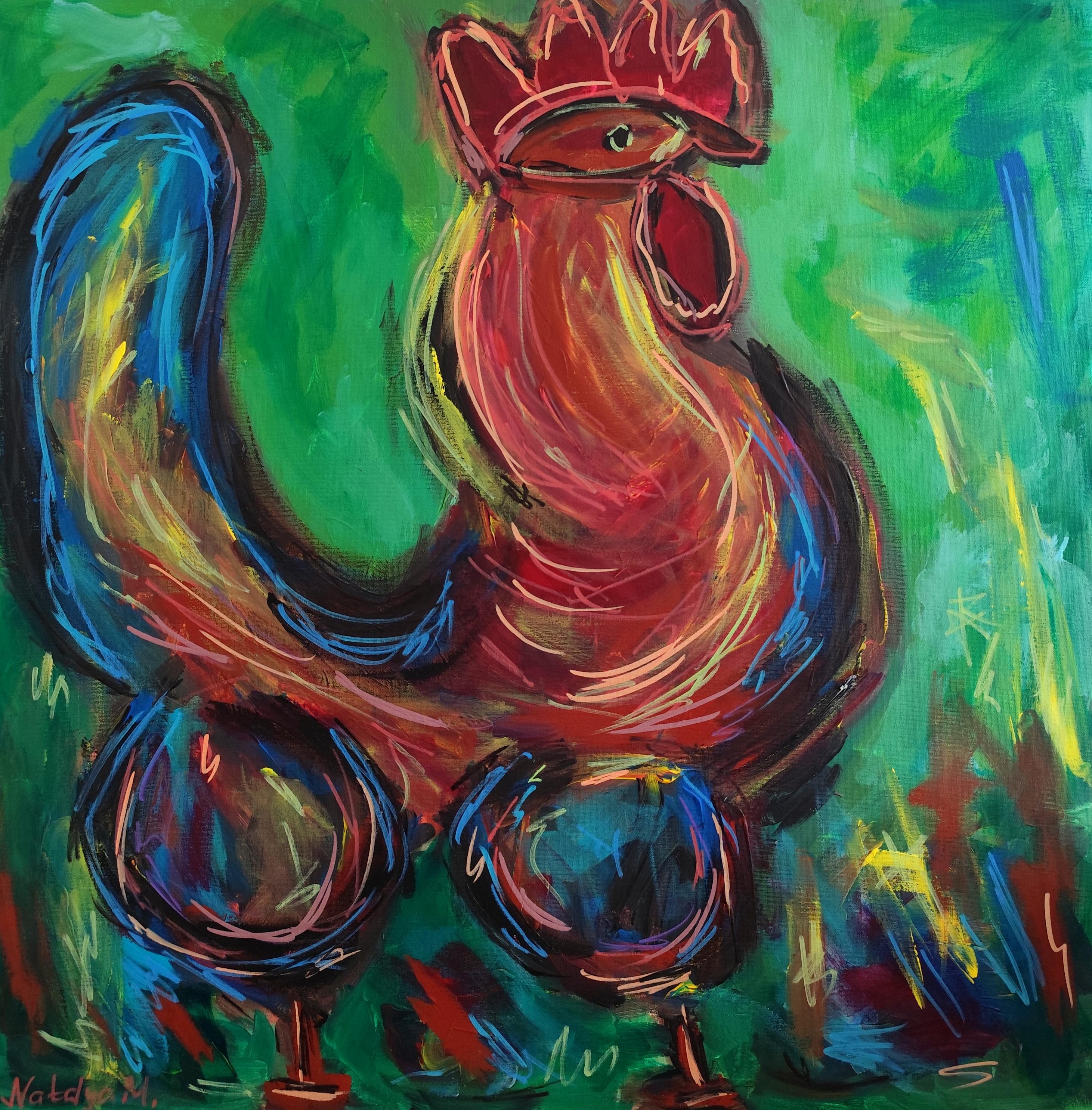 Mougenot Natalya Figurative Painting - "Rustic Emperor" Contemporary rooster bird painting acrylic on stretched canvas