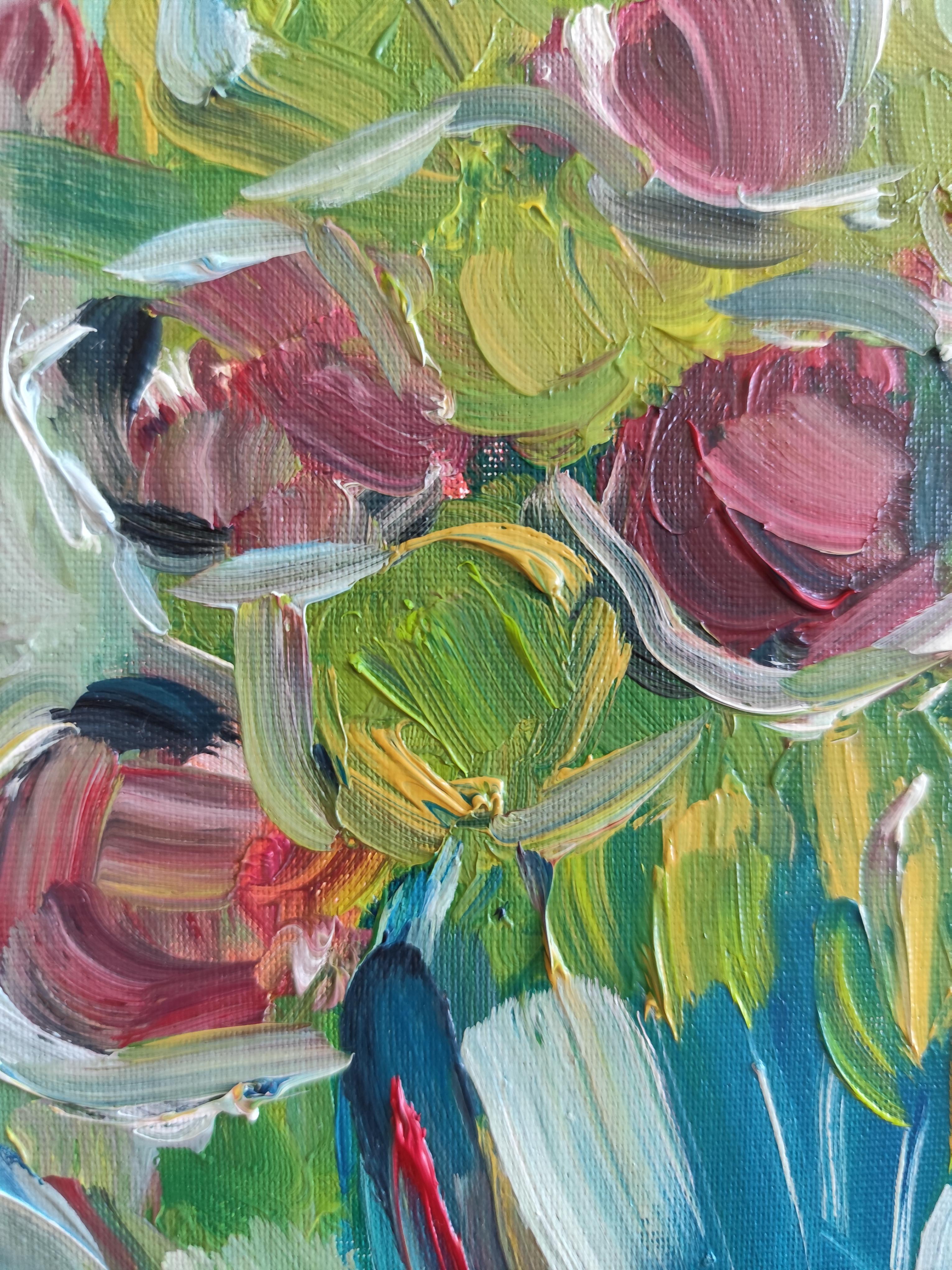Pittura ad olio floreale espressionista semi-astratta 
