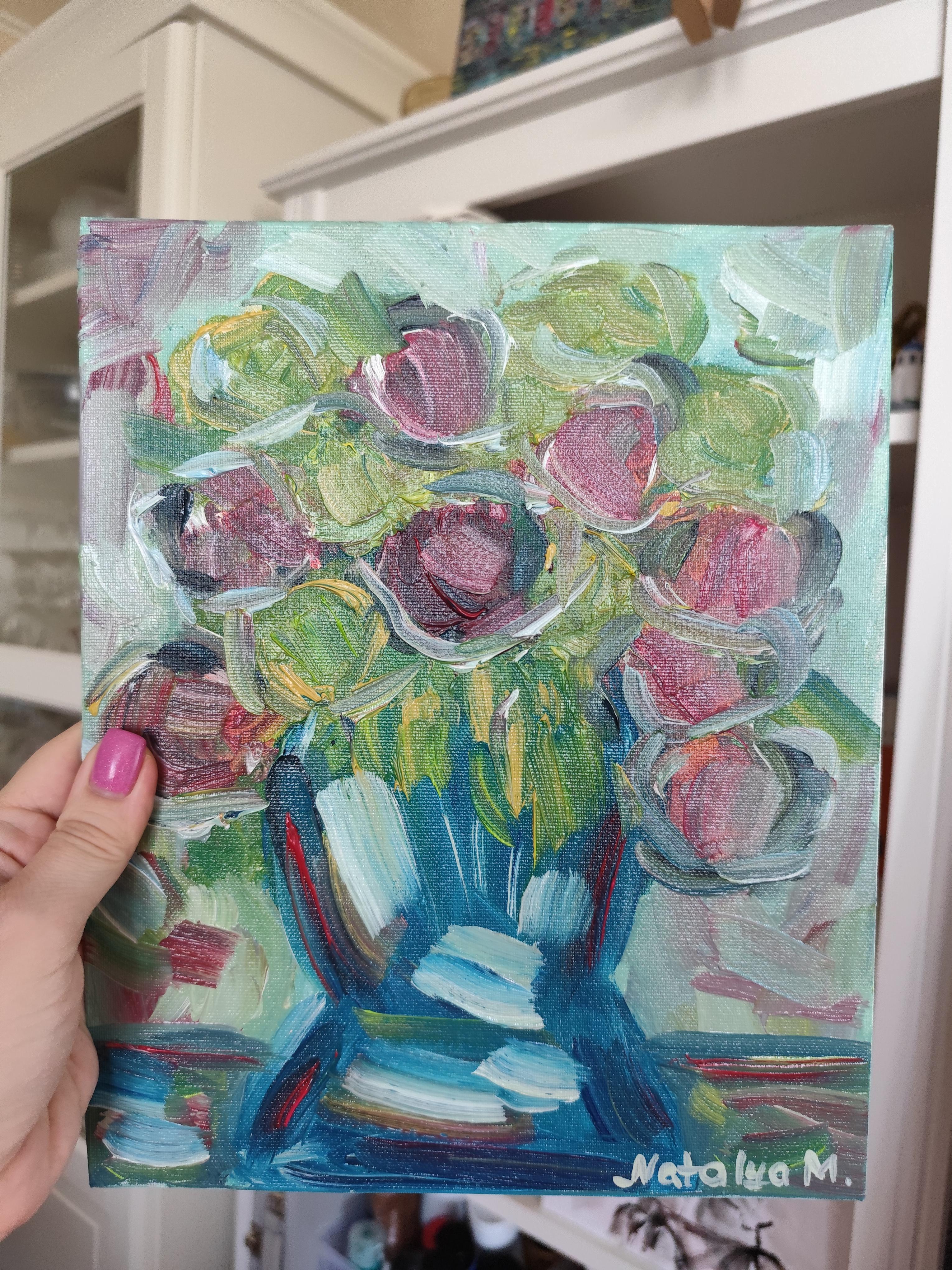 Pittura ad olio floreale espressionista semi-astratta 