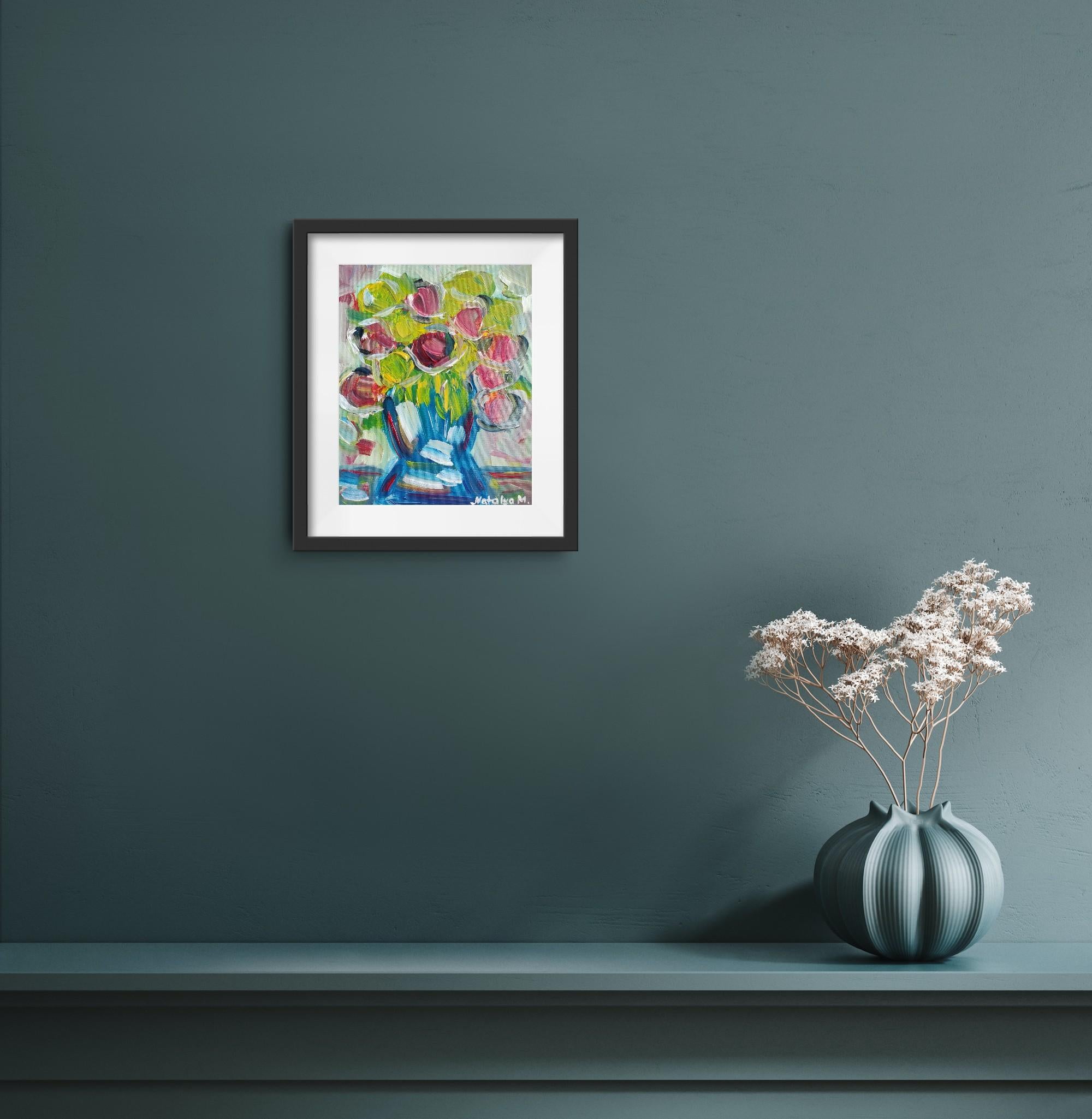 Questo quadro floreale semi-astratto contemporaneo, Essence of Roses, realizzato con colori a olio su cartone dall'artista francese Natalya Mougenot, fa parte della sua serie dedicata ai fiori.

In Essence of Roses, l'artista reimmagina il soggetto