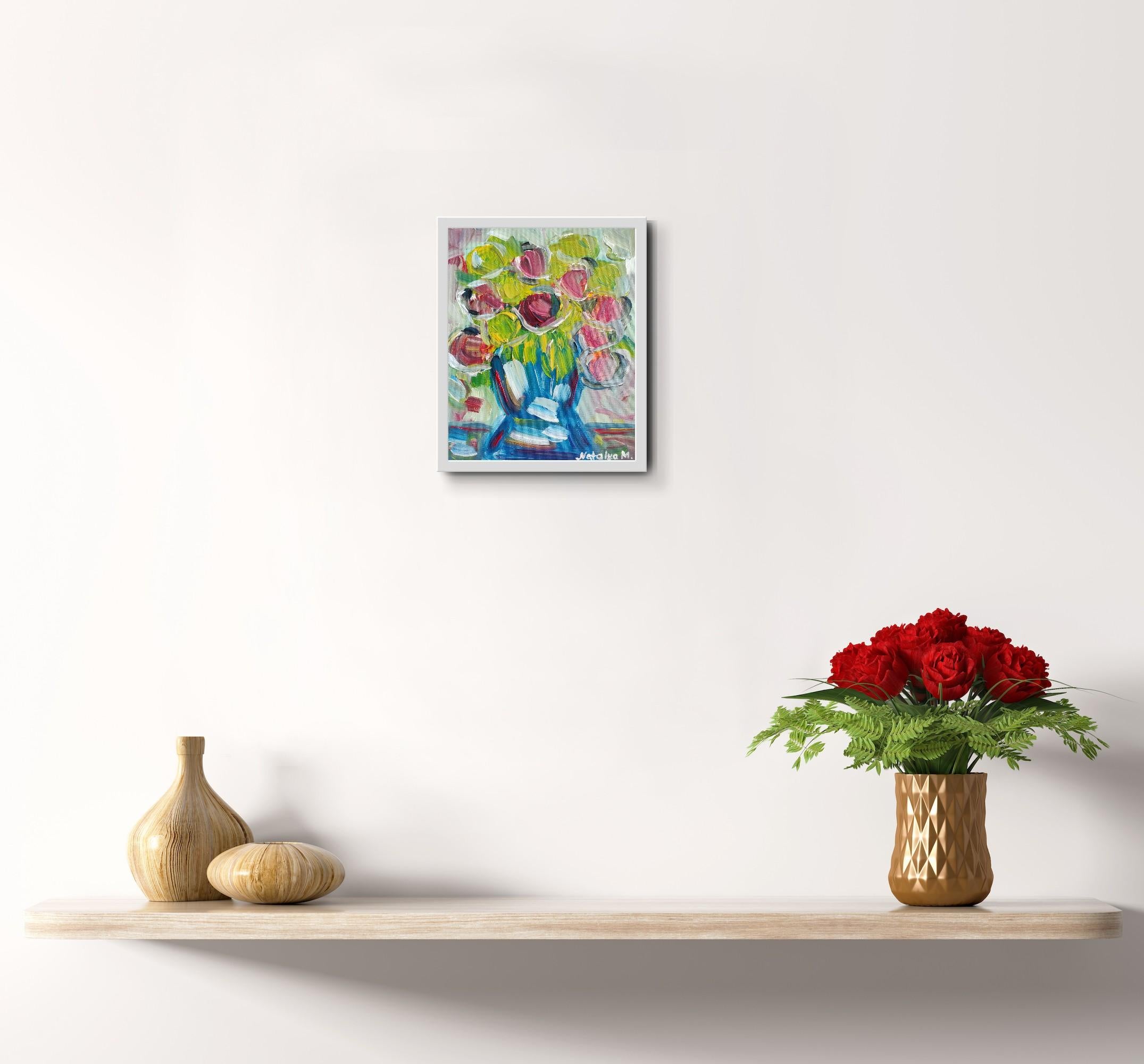 Pittura ad olio floreale espressionista semi-astratta 