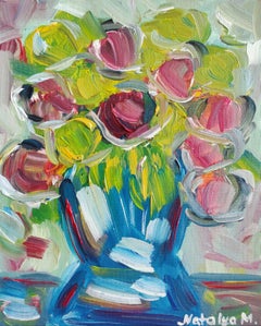 Semi-abstract expressionist floral oil painting "Essence of Roses" on cardboard