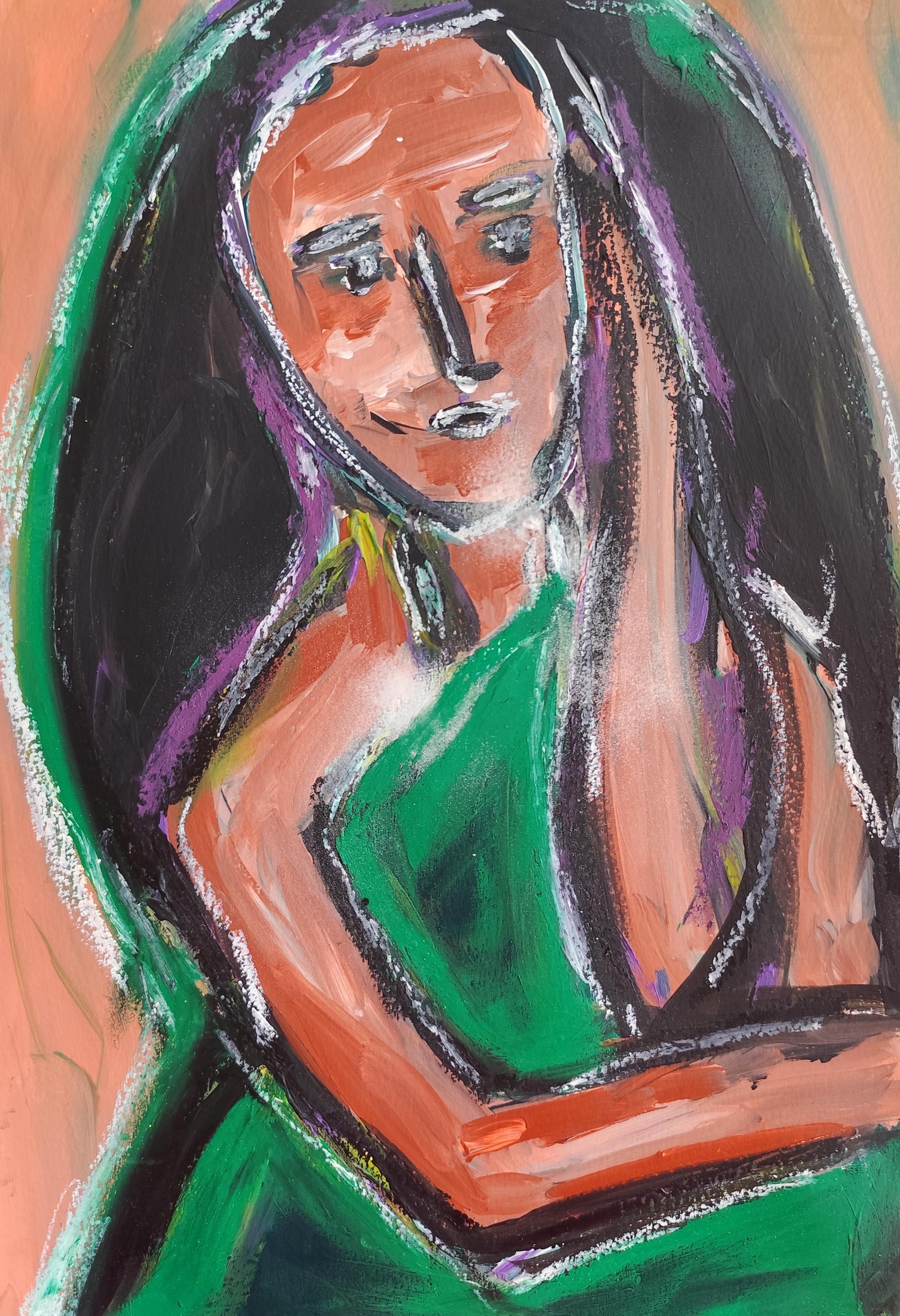 "Force silencieuse" Portrait de femme contemporain figuratif peinture sur papier.
