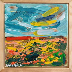 Pequeño cuadro abstracto de naturaleza expresiva marco de madera "Primavera en el horizonte"