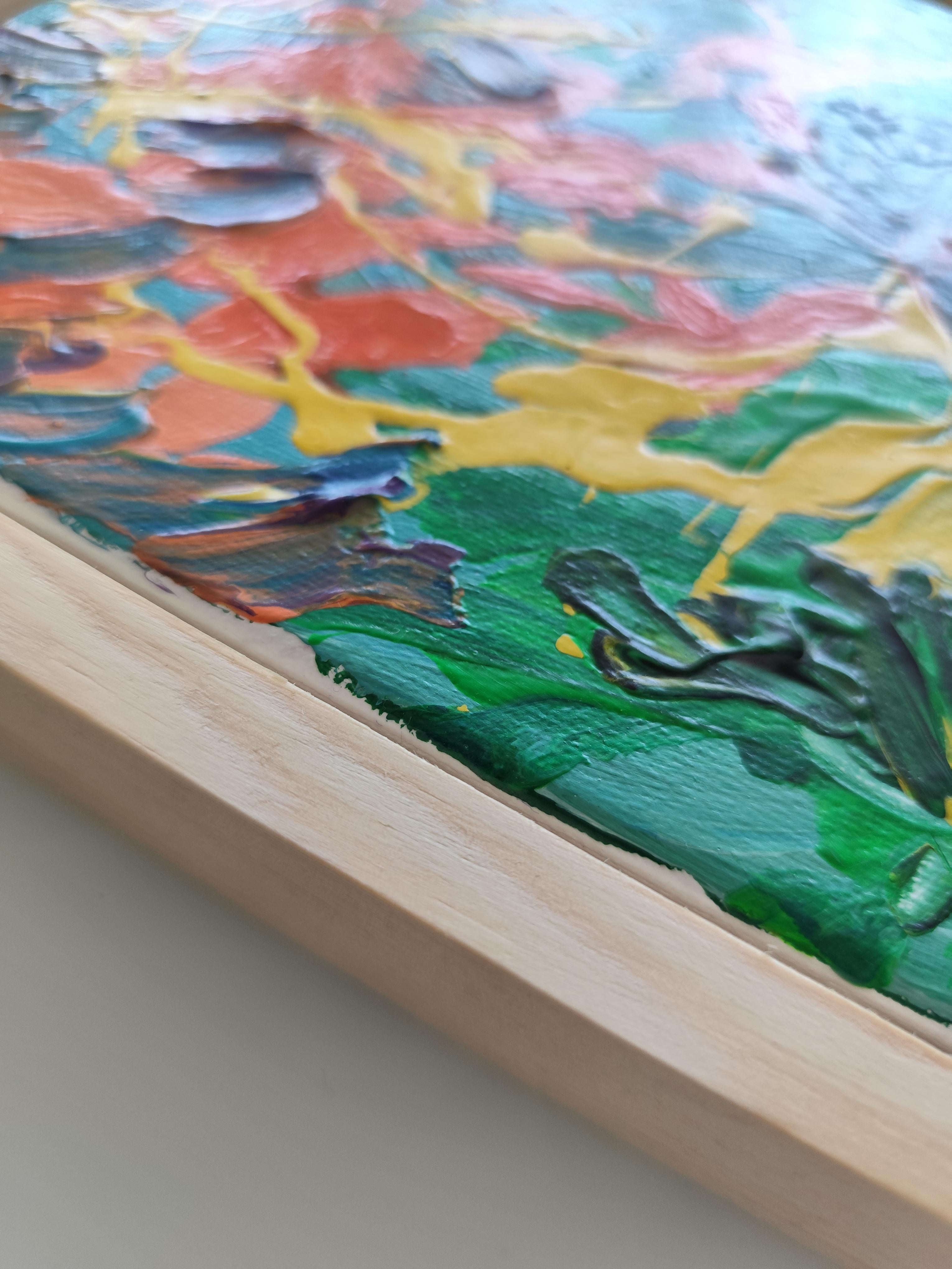 Piccolo quadro astratto espressivo della natura con cornice in legno 