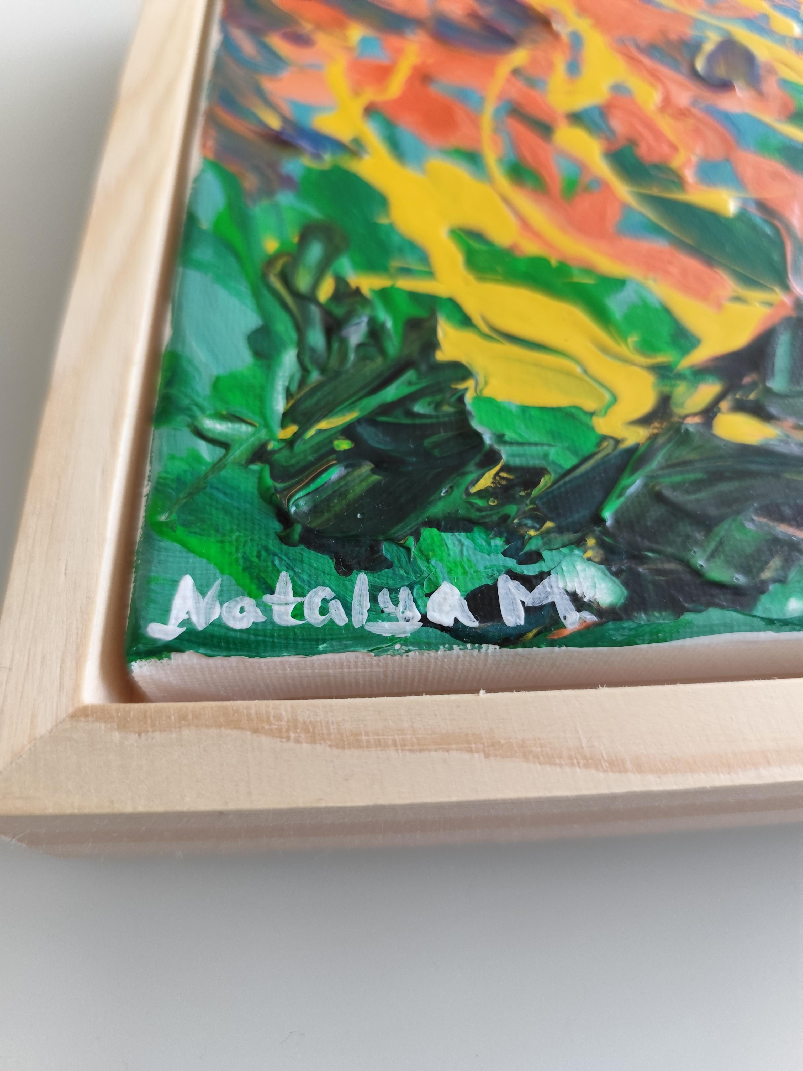 Piccolo quadro astratto espressivo della natura con cornice in legno 