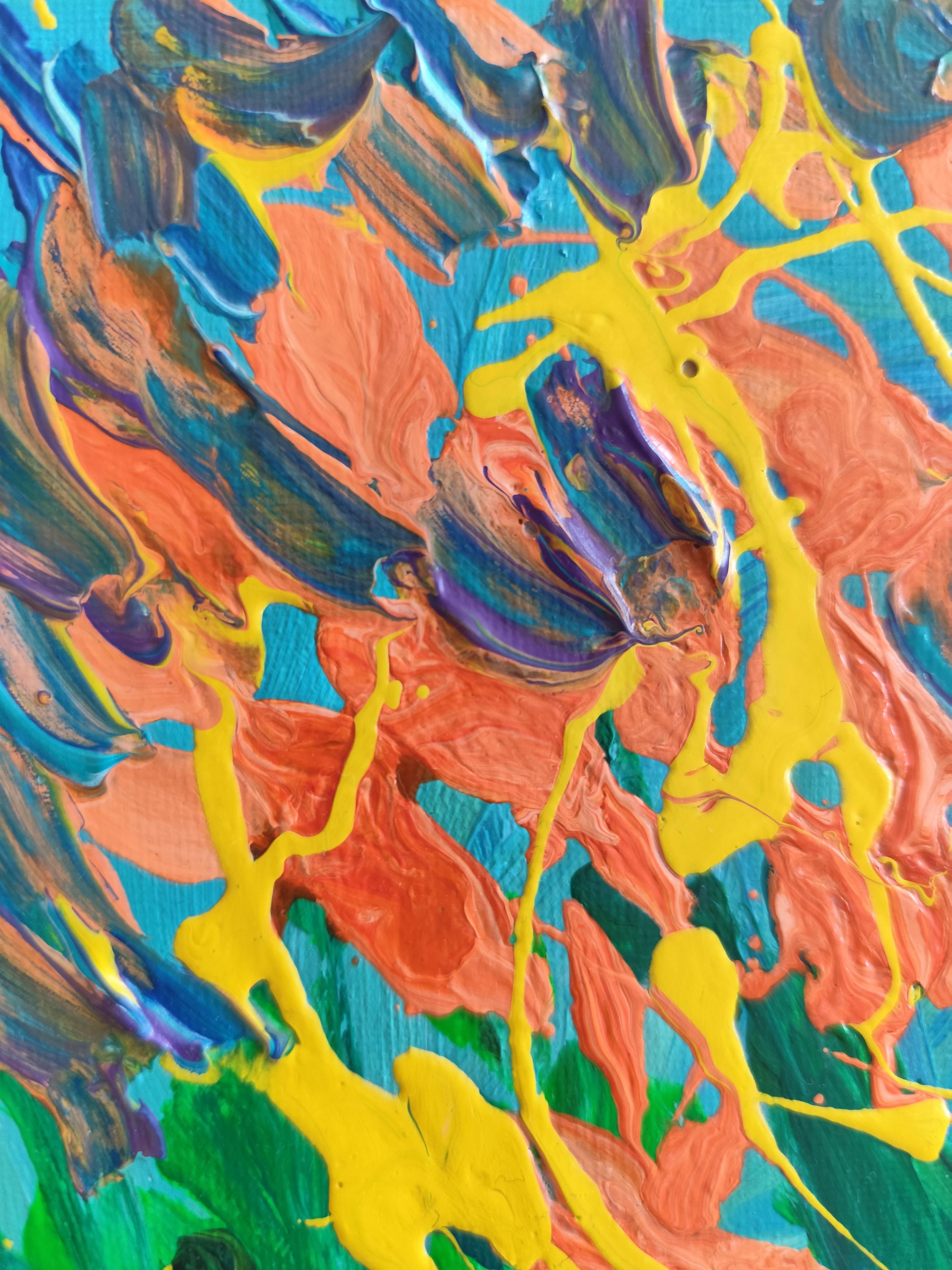 Piccolo quadro astratto espressivo della natura con cornice in legno 