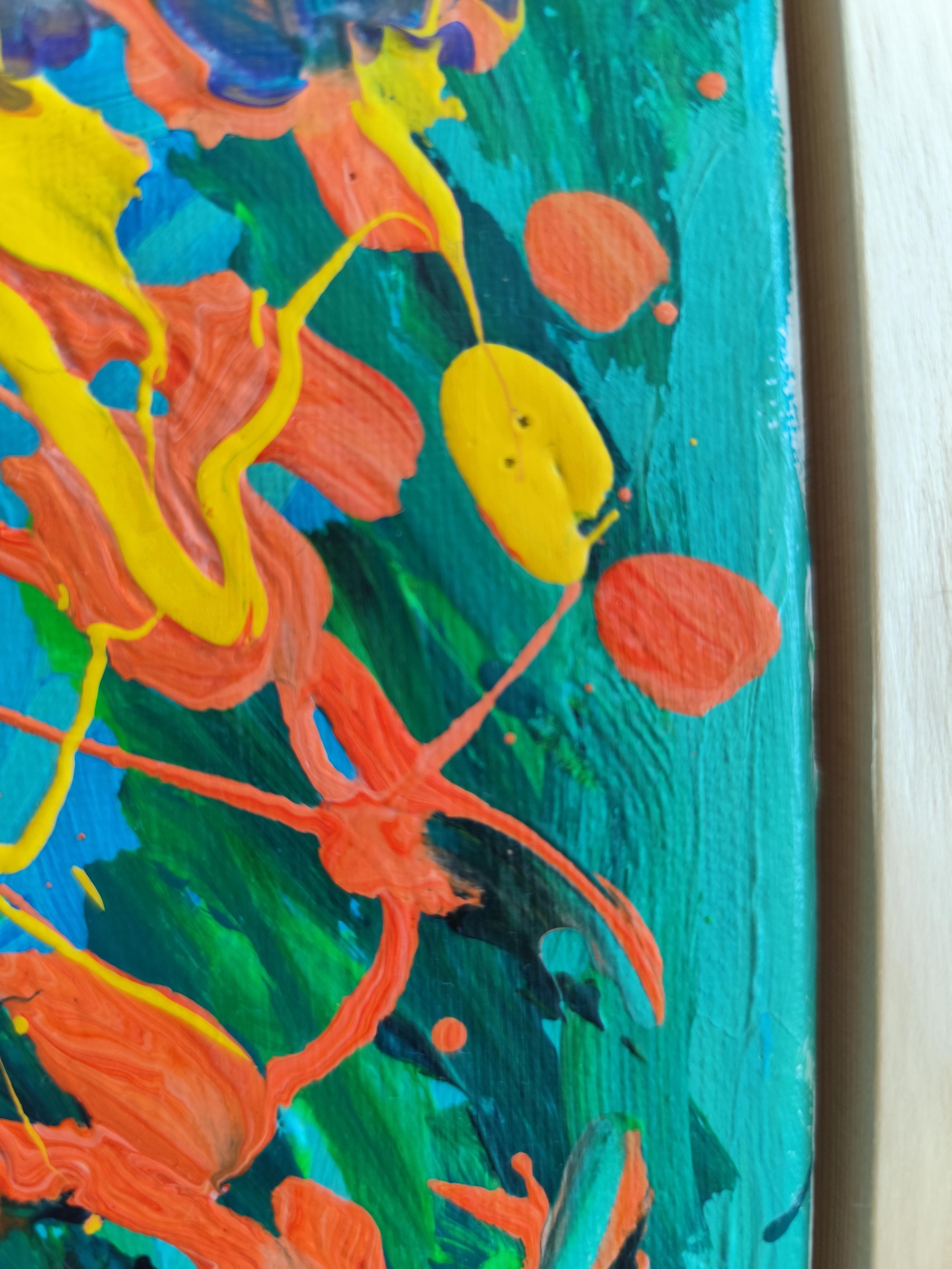 Piccolo quadro astratto espressivo della natura con cornice in legno 