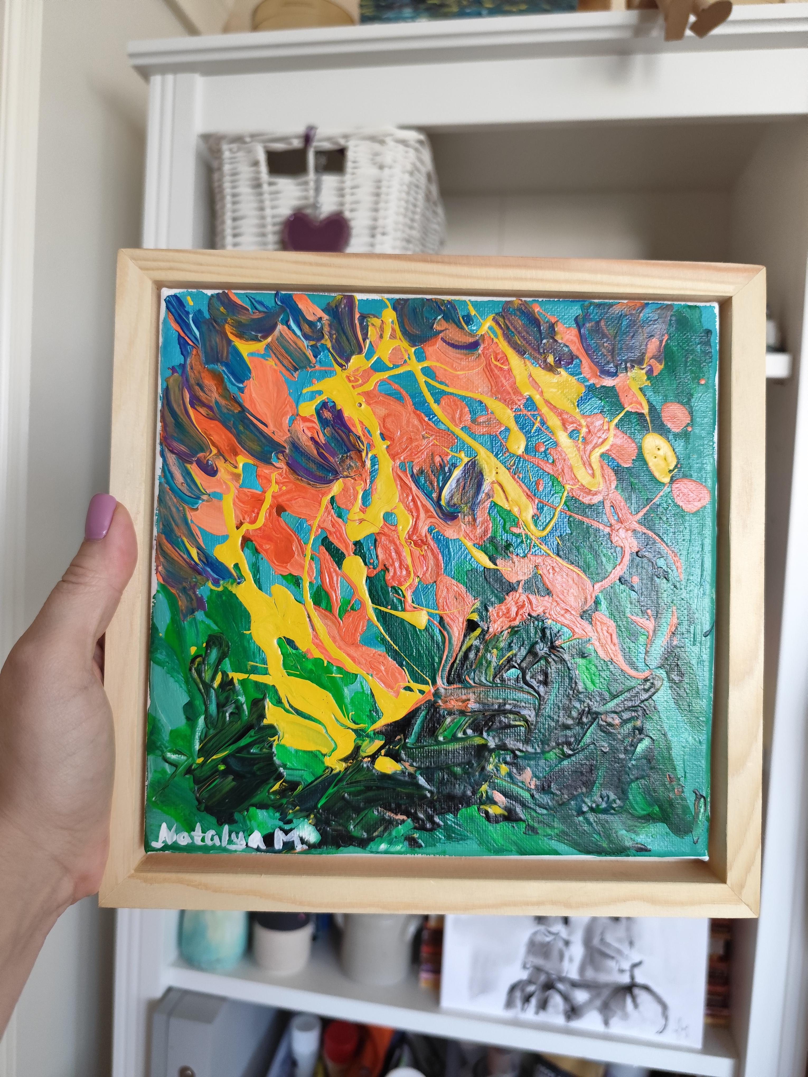 Piccolo quadro astratto espressivo della natura con cornice in legno 