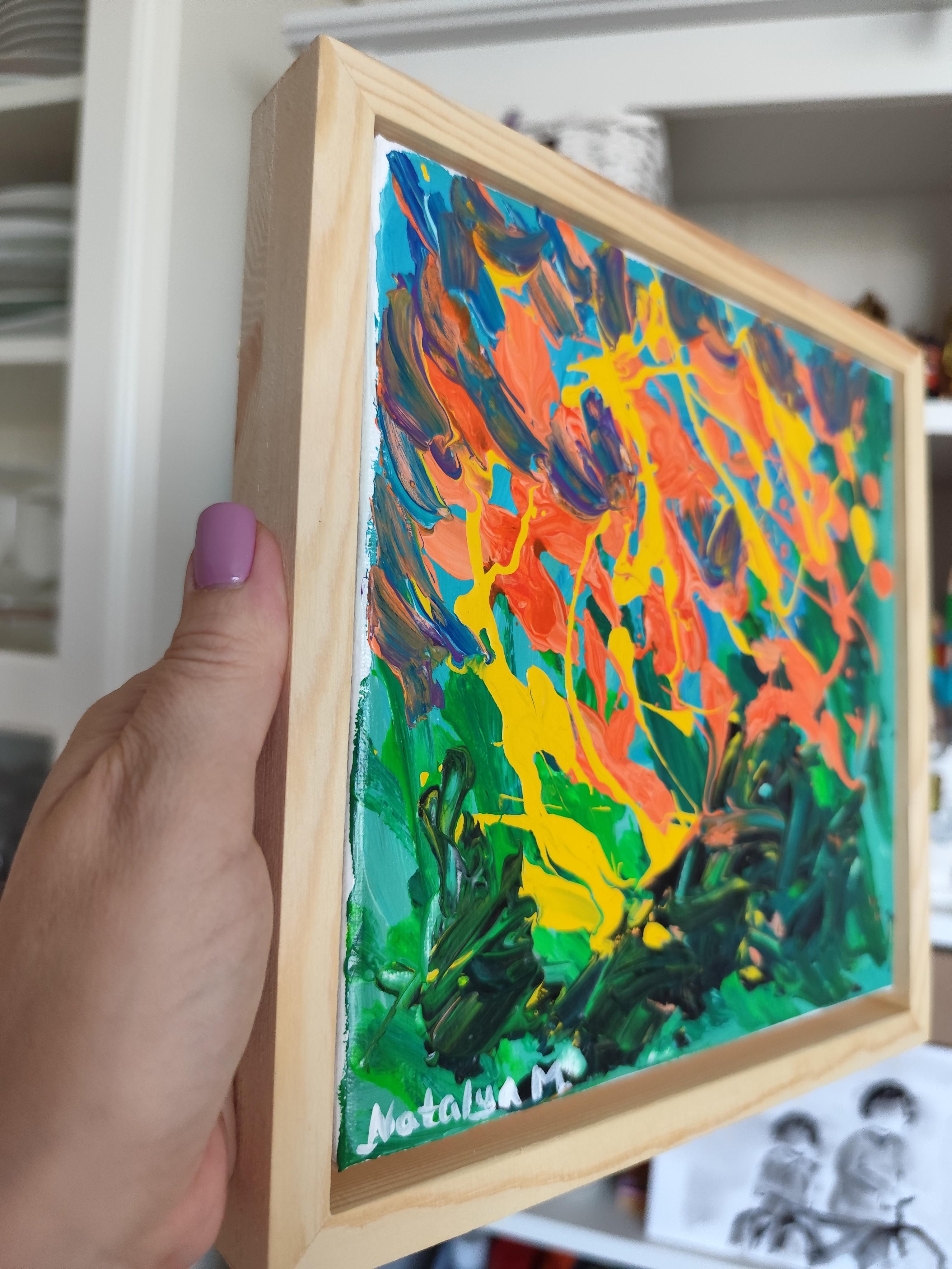 Piccolo quadro astratto espressivo della natura con cornice in legno 