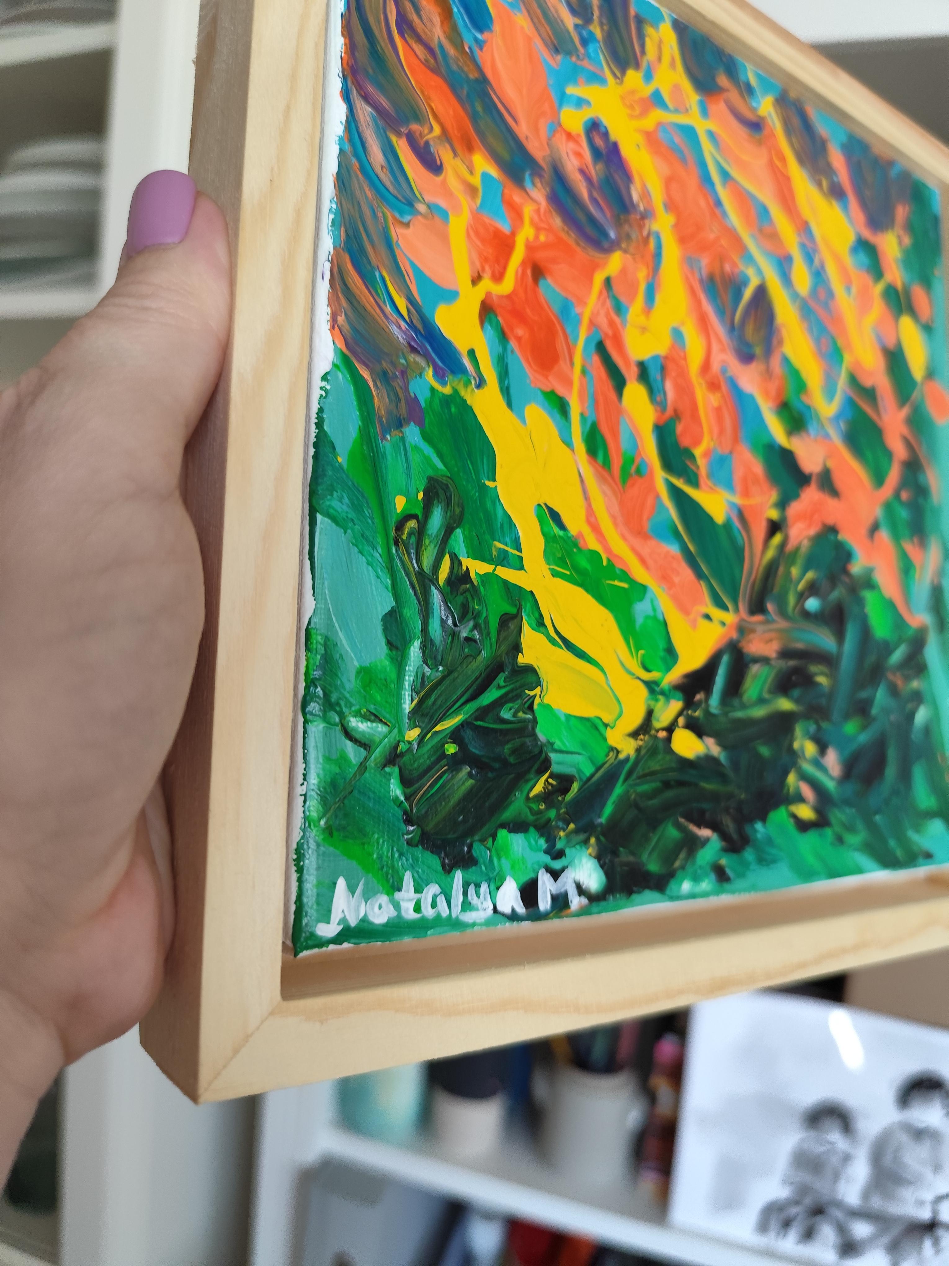 Piccolo quadro astratto espressivo della natura con cornice in legno 