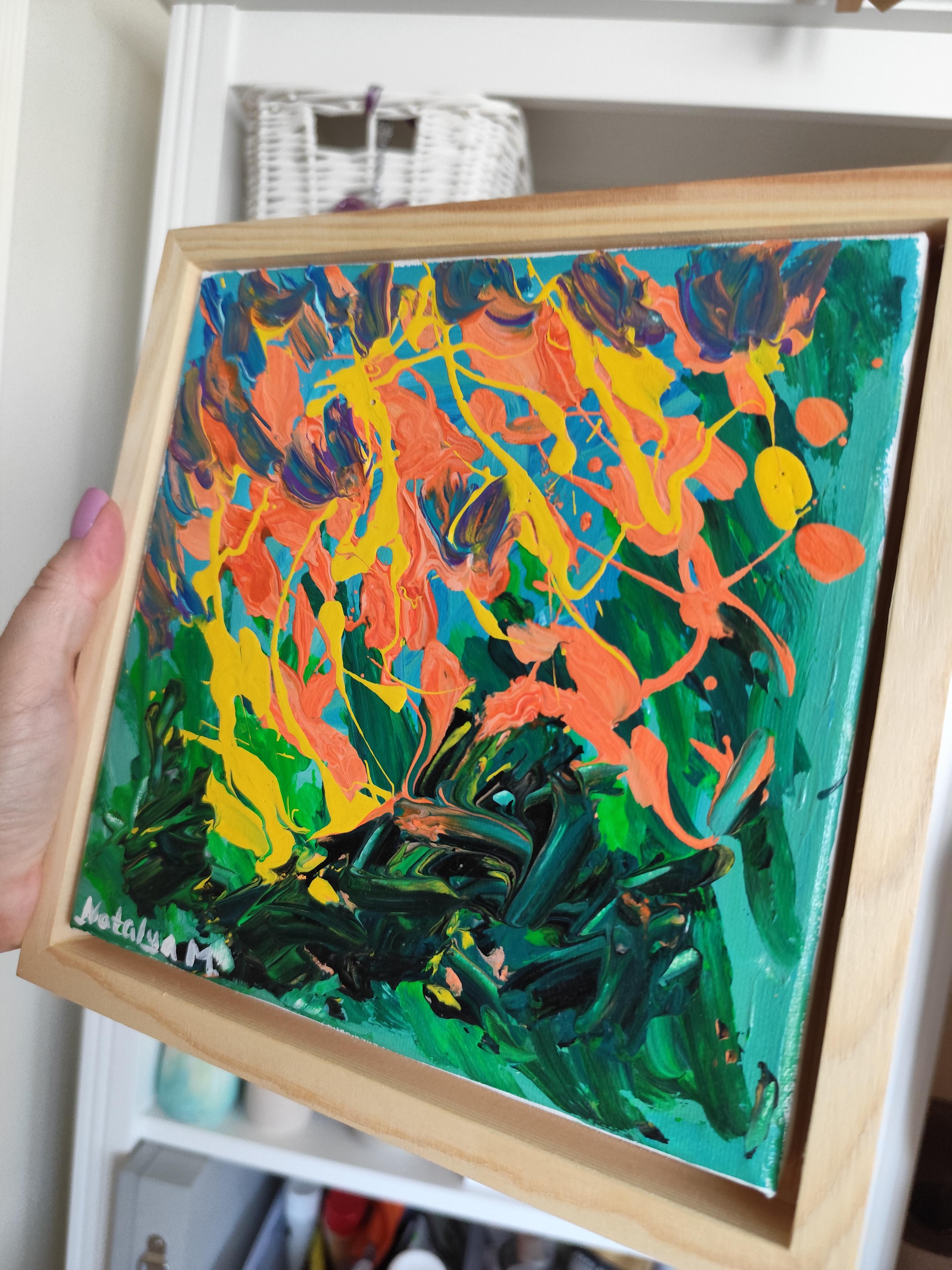 Piccolo quadro astratto espressivo della natura con cornice in legno 