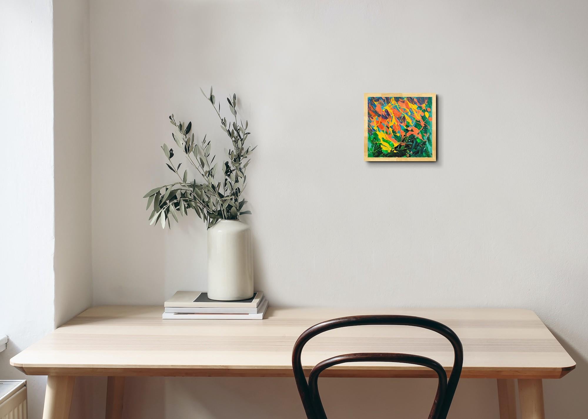 Piccolo quadro astratto espressivo della natura con cornice in legno 