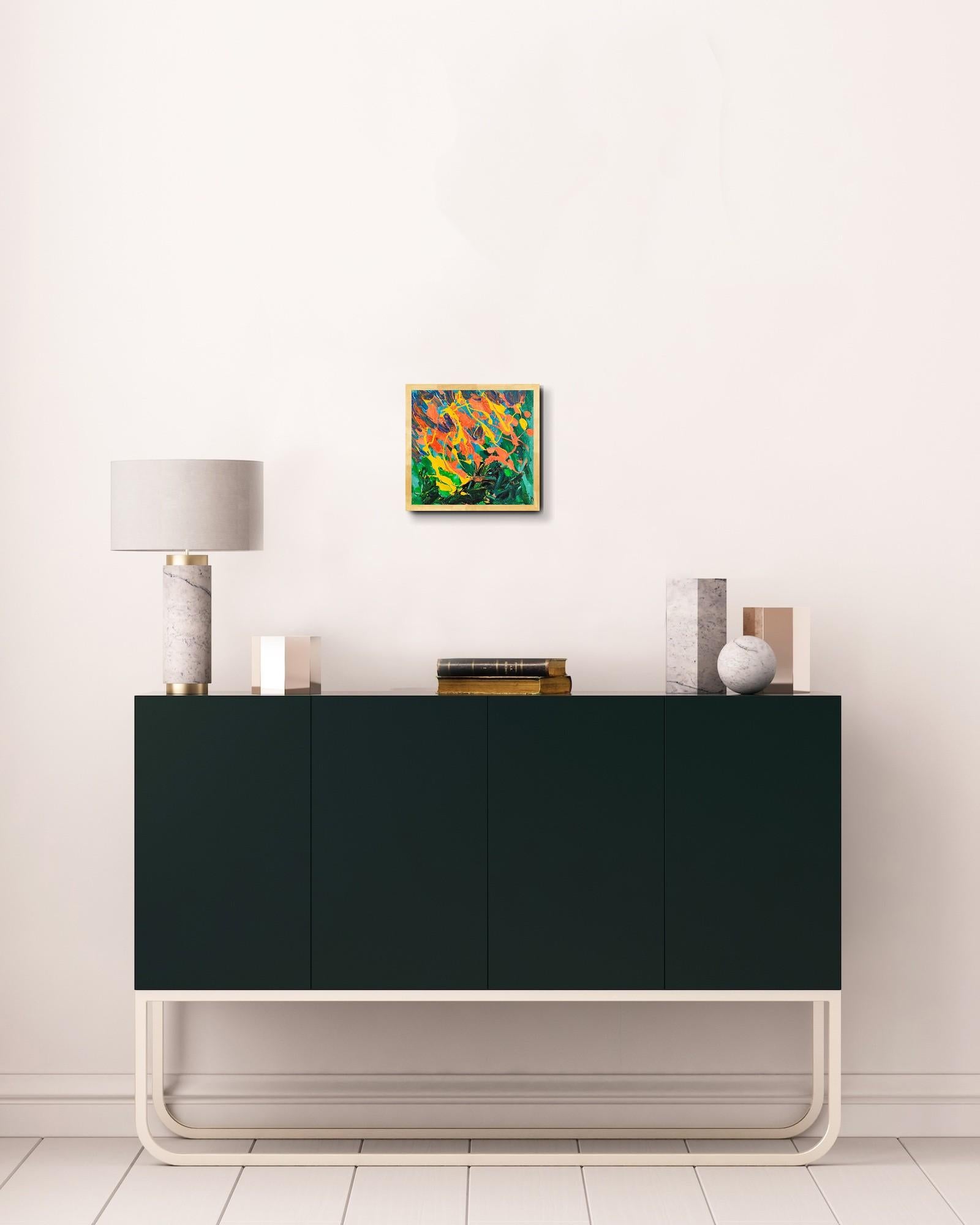 Piccolo quadro astratto espressivo della natura con cornice in legno 