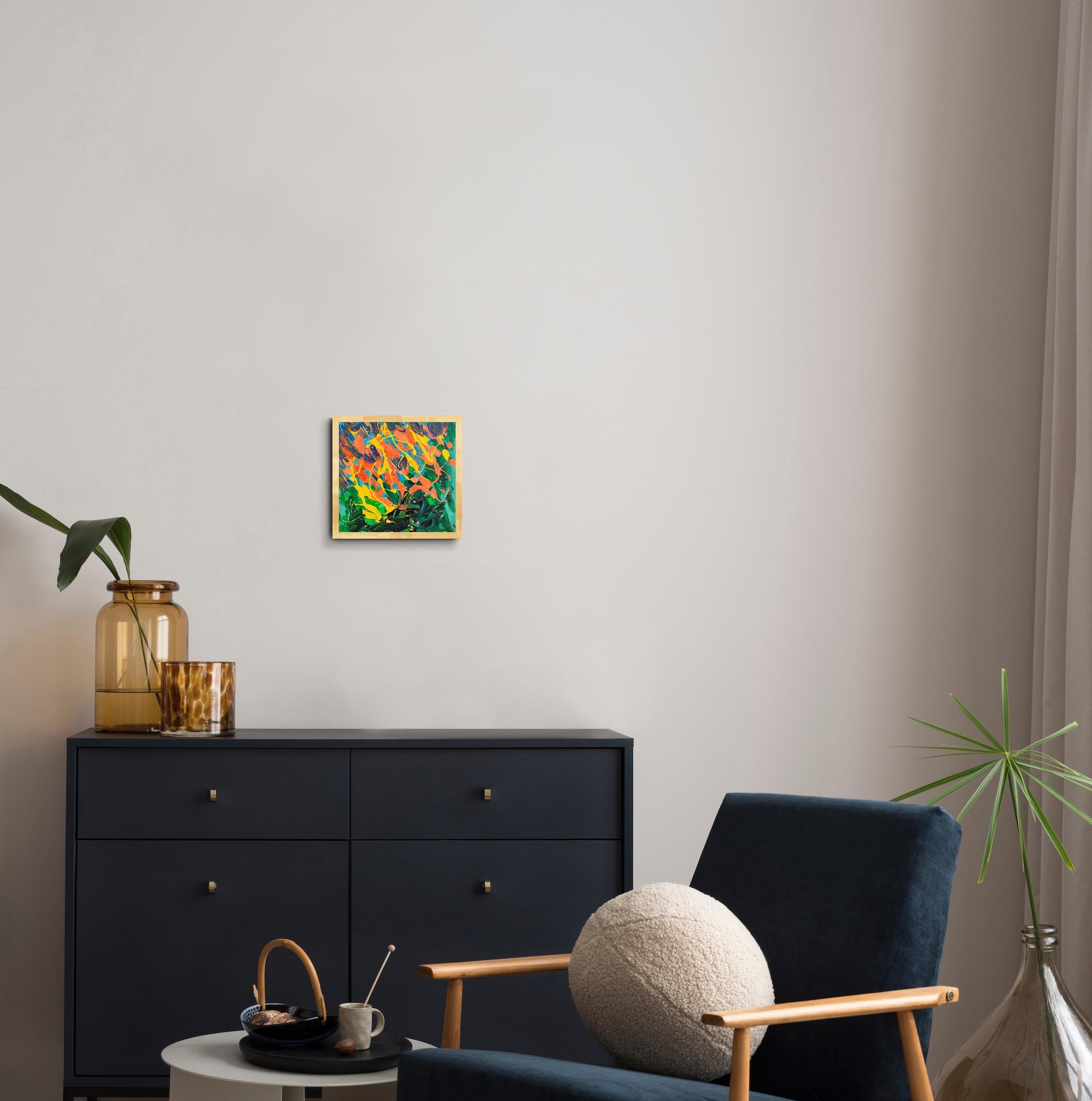 Piccolo quadro astratto espressivo della natura con cornice in legno 