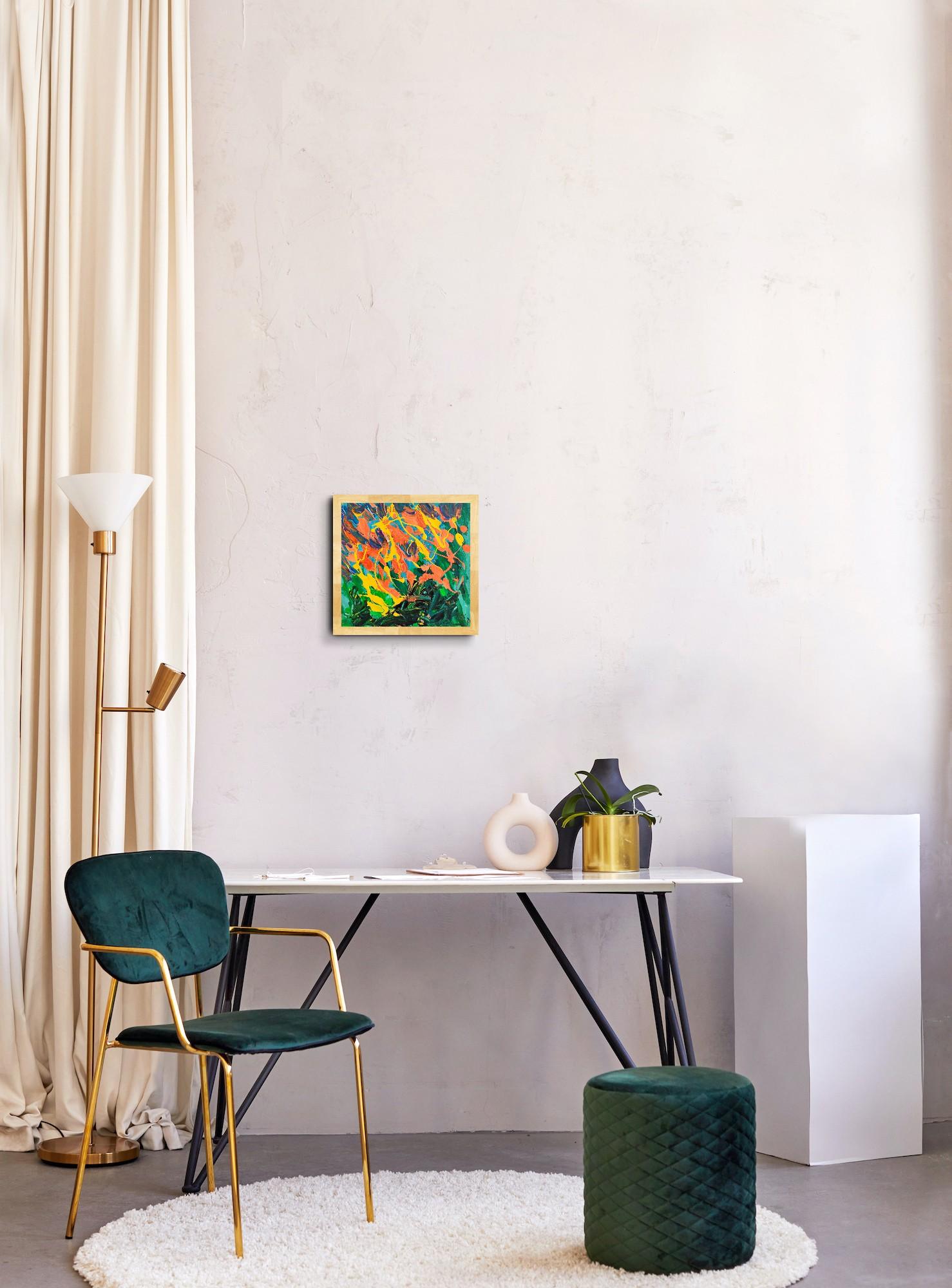 Piccolo quadro astratto espressivo della natura con cornice in legno 