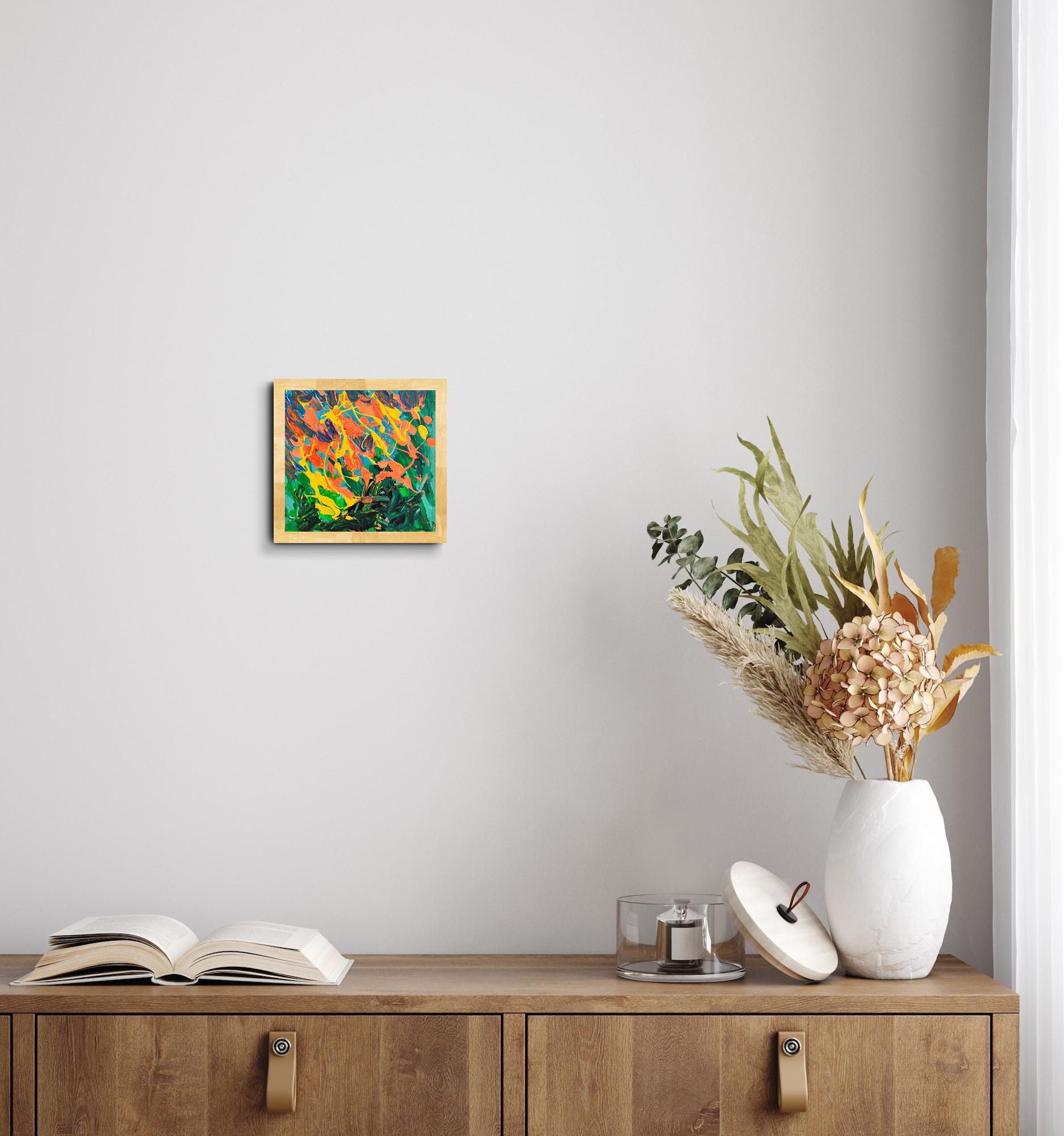 Piccolo quadro astratto espressivo della natura con cornice in legno 