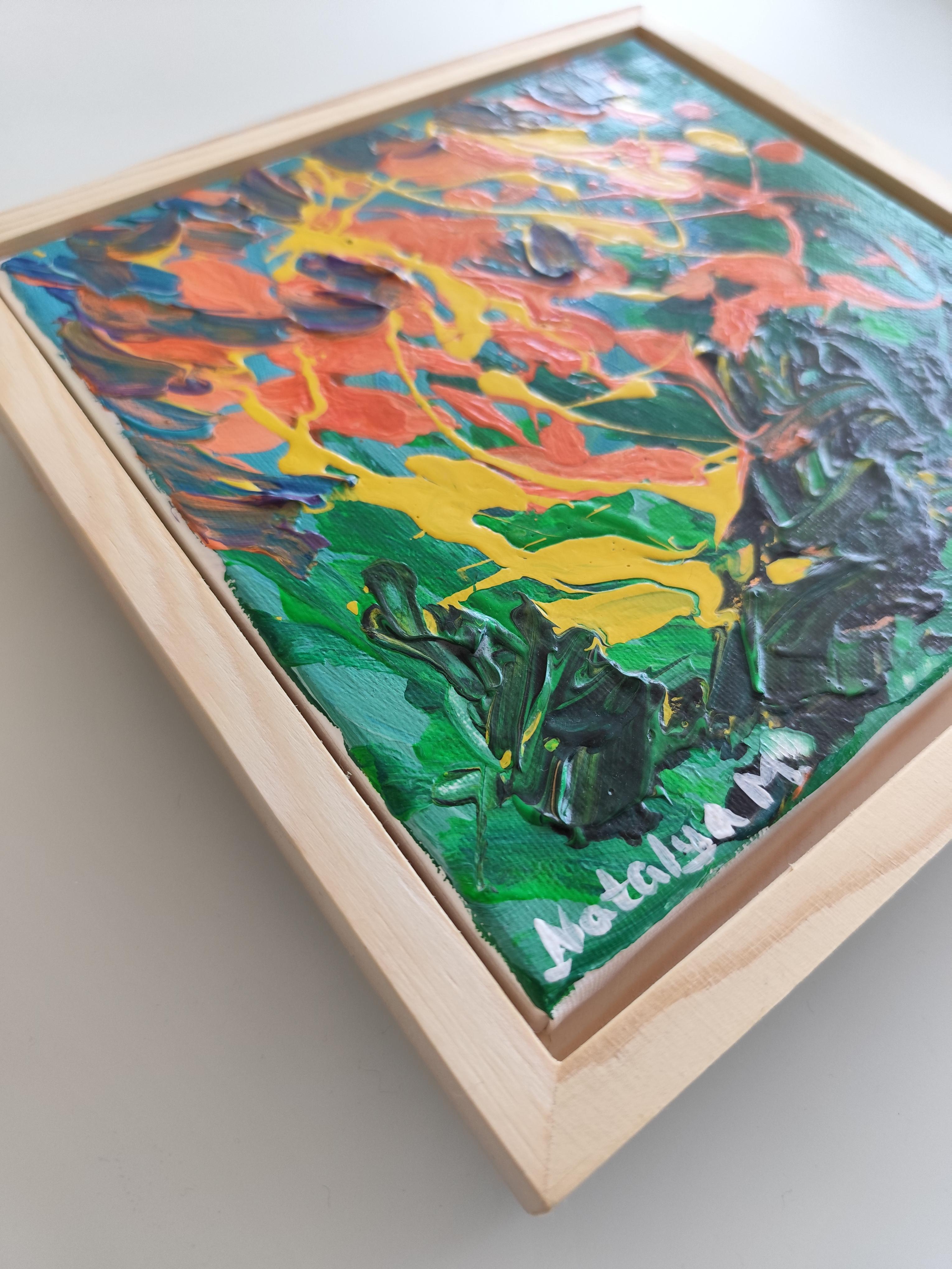 Piccolo quadro astratto espressivo della natura con cornice in legno 